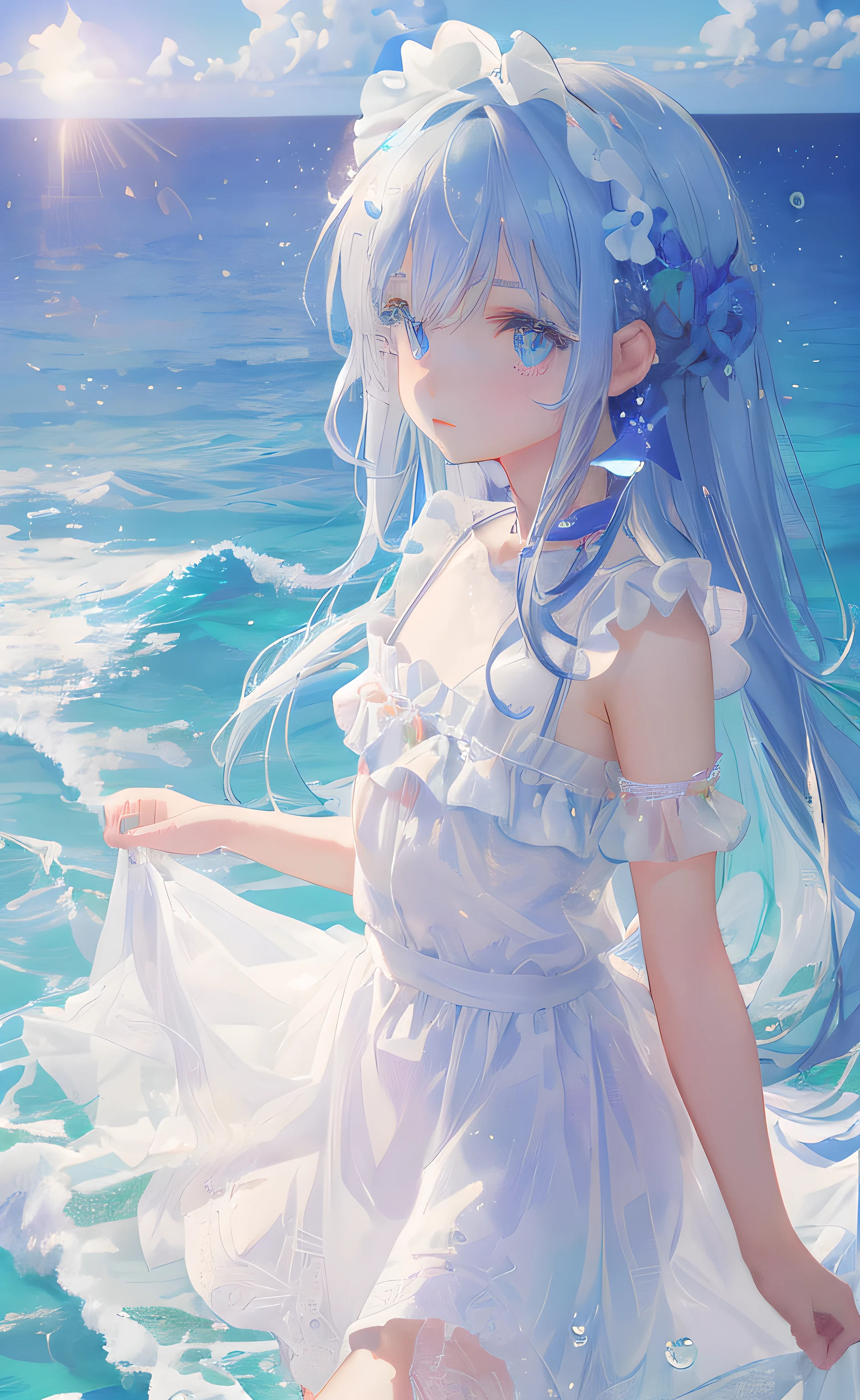 cornflower art, scary (A petite girl with beautiful and delicate eyes. The depth of field in the photo is perfect,Lens flare adds a nice touch. The fine details on her face really stand out, Because the rating of this photo is definitely higher than 10. In the background, There is a beautiful ocean,clear water,There are water droplets on the surface