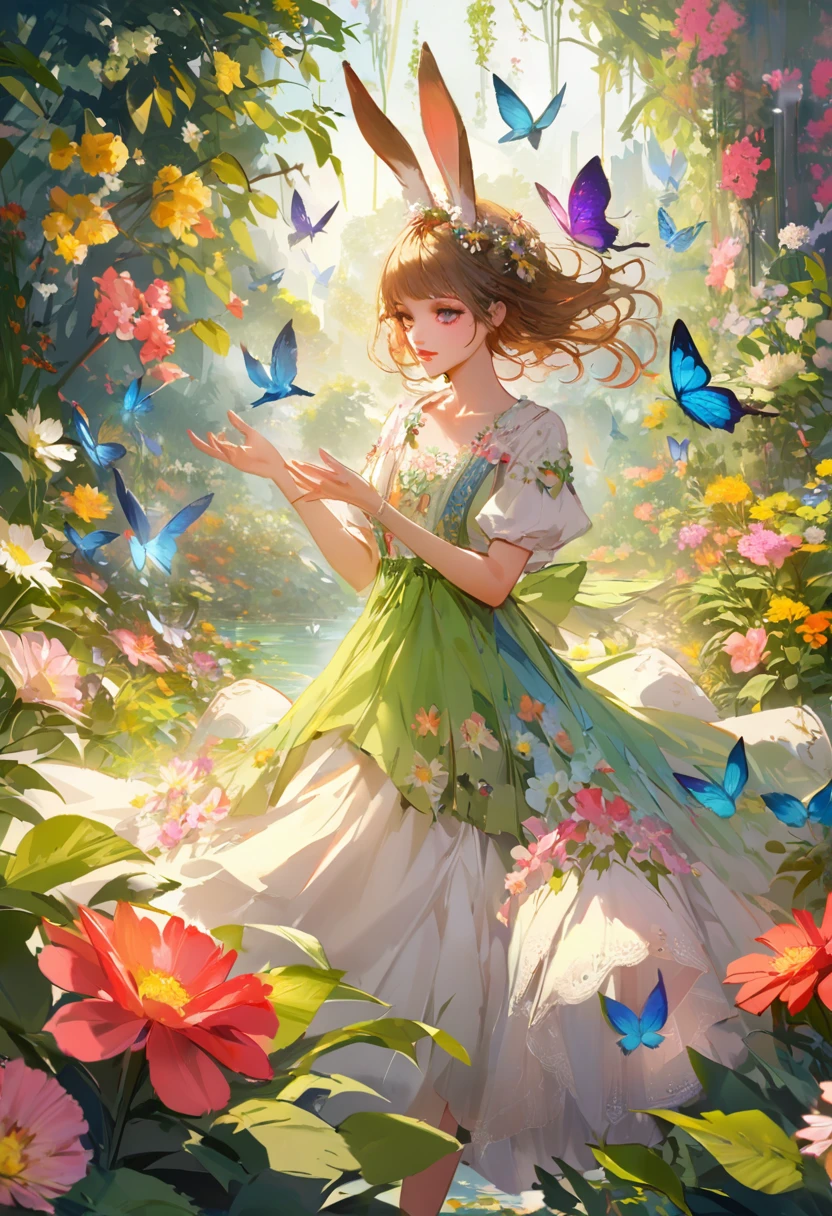 by rella, by nixeu, spring morning, animals, A girl in an enchanting garden, surrounded by vibrant flowers and lush greenery. beautiful detailed eyes, long eyelashes, beautiful detailed lips, flowing dress. Using mediums such as illustrations, oil paintings, and 3D renderings. Ultra-detailed features and vivid colors. Birds singing, butterflies fluttering, rabbits hopping. Best quality, 4k or 8k resolution, studio lighting. Spring morning, animals.