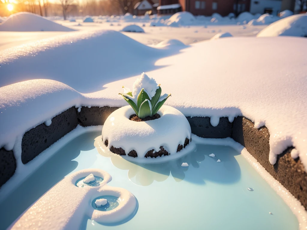 Spring Morning,sunrise,melting snow,sprout,ultra-detailed,sharp focus,aesthetic,(best quality)