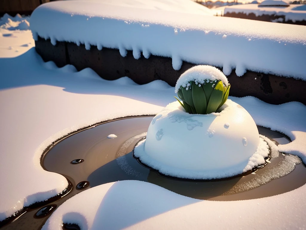Spring Morning,sunrise,melting snow,sprout,ultra-detailed,sharp focus,aesthetic,(best quality)