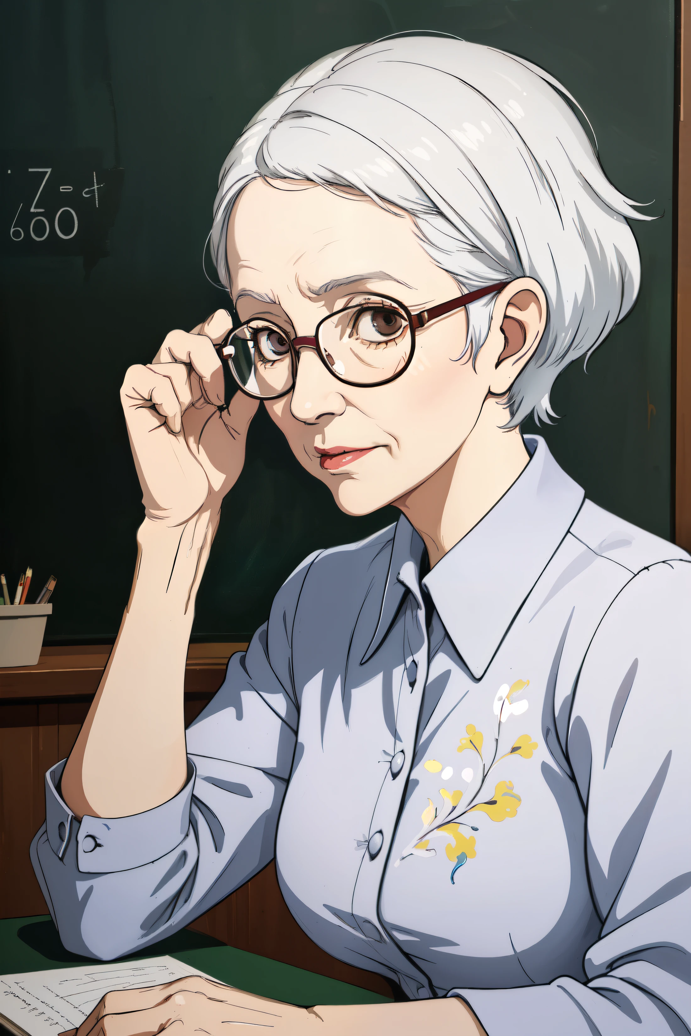 (old woman,glasses,white hair,elderly,teacher,friendly),oil painting,vibrant colors,detailed brushwork,soft lighting