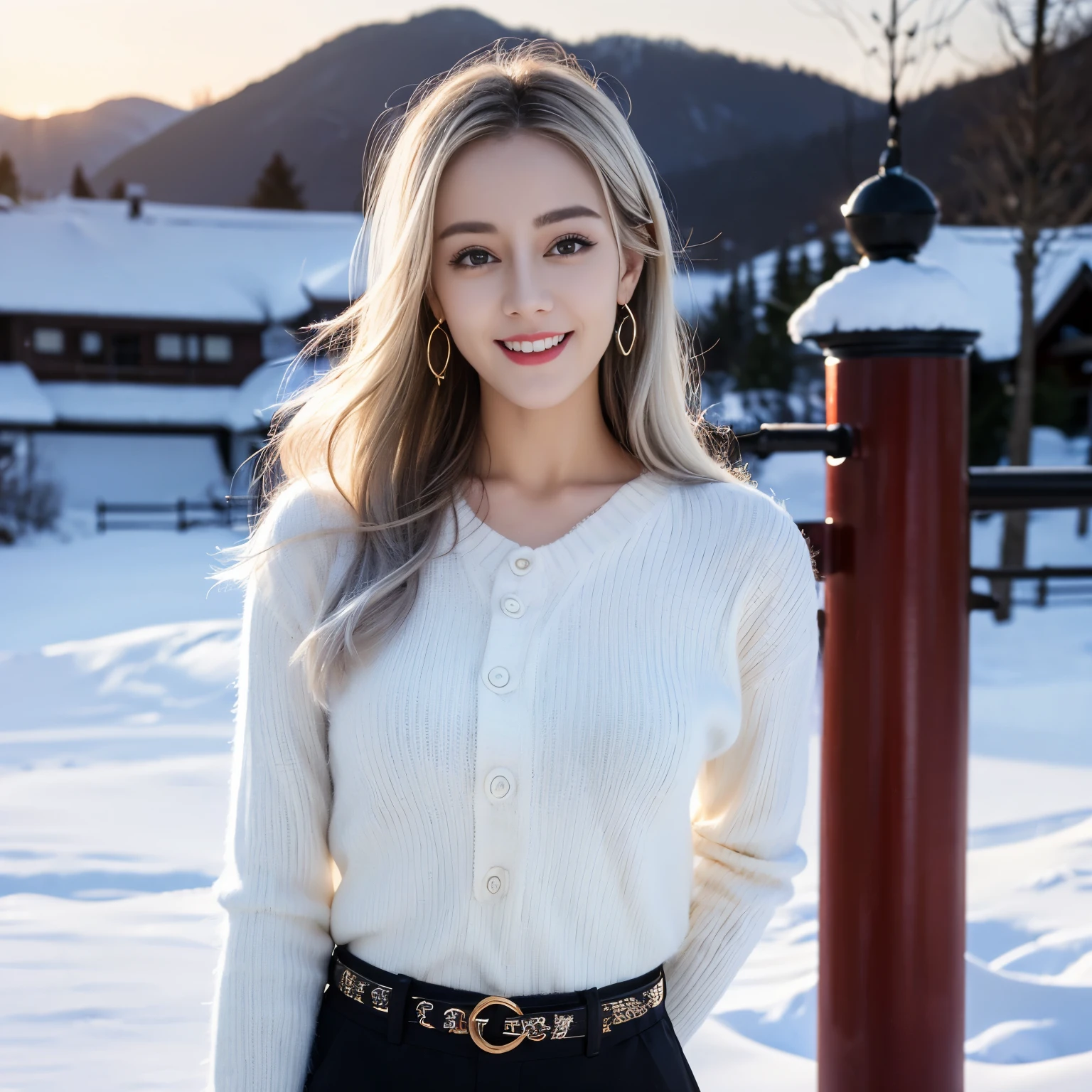 ((top quality、8k、​Masterpiece:1.3))、Extremely delicate and beautiful girl，full-body shot，huge breasts，bigger breasts，amazing breast size，G cup，Half of the breasts are exposed。Wear big earrings，Very white skin，moist red lips，Waist is very thin，Thighs are very thin，big butt，fair and smooth skin，Smooth and fair skin，flawless skin，Fair and shiny skin，cold white skin，The camera focuses on the chest，Bright light，white sweater，Lower body exposed，white hair，White hair，heavy snow，snow mountain，sunset，lake，sweet smile，mouth slightly open