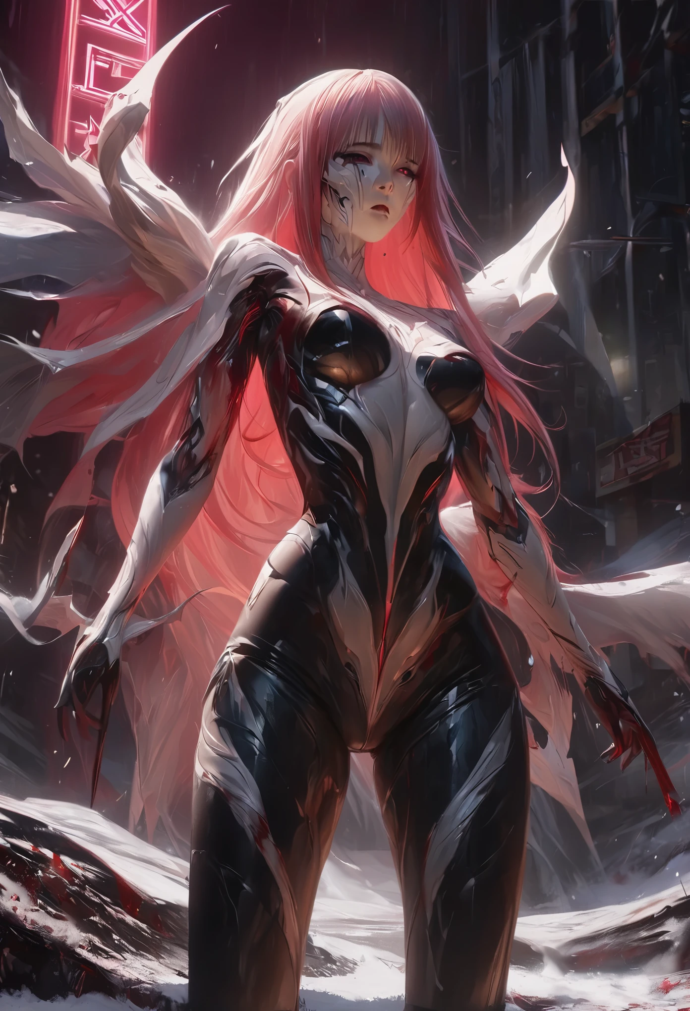 black,chiaroscuro, Ray tracing, movie lighting, cowboy shooting, 8K, Yes, Super details, precise, best quality, Award-winning, Award-winning, A High resolution, masterpiece, high detail,guweiz on artstation pixiv, Popular topics on artstation pixiv, 详细的number概念艺术, author:Yang Jie, 2. 5D CGI anime fantasy artwork,ultra high definition,8K ,Realistic skin texture,chiaroscuro, Ray tracing, movie lighting, 8K, Yes, Super details, precise, best quality, Award-winning, Award-winning, A High resolution, masterpiece, high detail,in the snow,Clear,masterpiece, best quality, 8K, number, 1 girl, alone, stand up, hair accessories, Red eyes, Heartless expression, Bloodstained mechanical parts, electric wire, cable, failure effect, scary, Science fiction, futuristic, The background is darker inside, neon lights, cyberpunk characters, surreal, Strange, Disturbing, spine-chilling, scary, western metal,Red eyes,发black,black色長手套,Rompers,leggings,Highlight her graceful figure,将整个身体包裹stand up,symbiont,((Raised sexy)),One-piece Pants,Red eyes,Venom Possession,发black,black色長手套,Rompers,black色一件,Blood-red eyes,best quality, High resolution, super detailed, Vivid texture, mask, Bangs,wear socks,tears,被black色粘液覆盖
