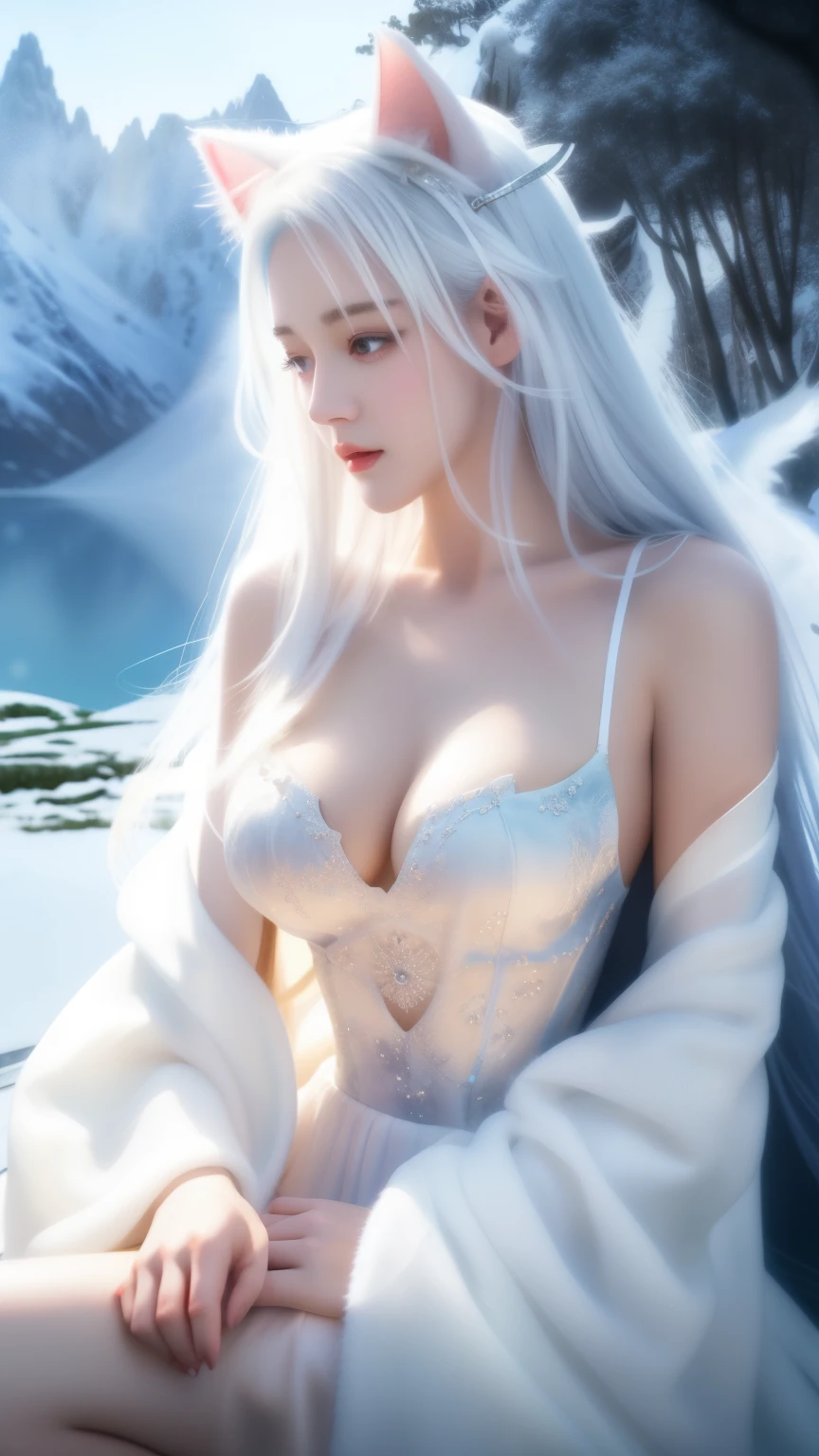One wearing a white dress、Close-up of woman with cat ears, ethereal beauty, Stunning young and ethereal figure, huge breasts,bigger breasts,G cup,flowing white robe, flowing skirt, flowing magic robe, beautiful girl, very beautiful top model, Beautiful digital artwork, tall thin beautiful goddess, beautiful goddess, Beautiful fantasy girl, beautiful fantasy art, Smooth digital concept art, Smooth anime CG art,blizzard,snow mountain,lake,white hair