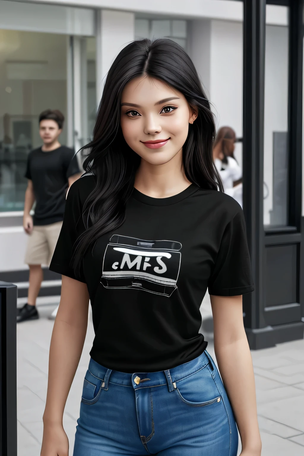 ((Best quality)), ((Best retail)), (high level of detail: 1.3), A woman in a black t-shirt.front view, smiling, black t-shirt, no print, jeans, posing for a photograph whole body
