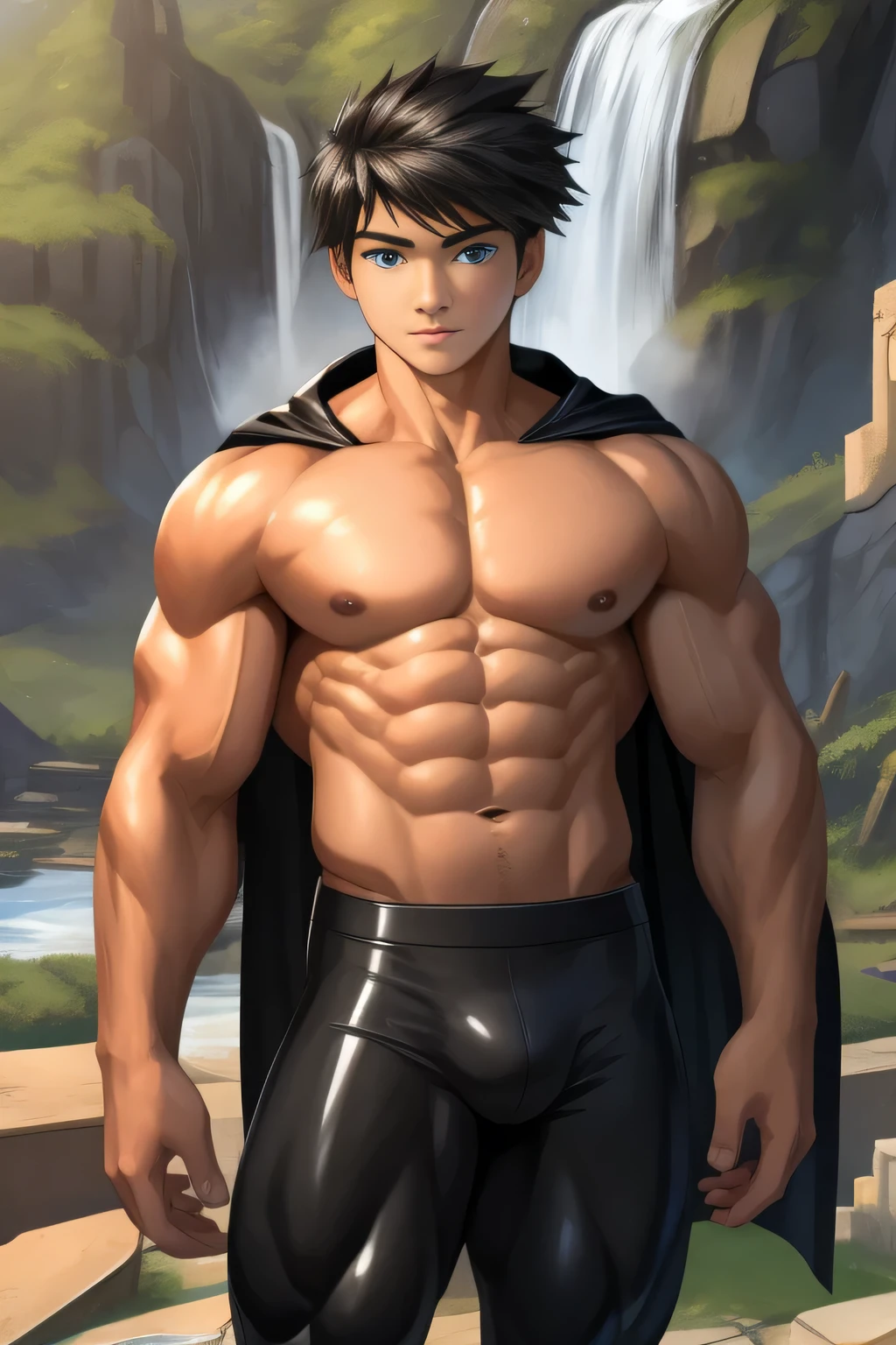A ( face) 15 year old teen (15 yearsttractive boy, Mexican ethnicity. tanned skin, jet black hair. carefree expression, young man, alone, marked muscles, beautiful musculature, aesthetic stretch marks, inspiring physique, slender muscles, square pecs, beautiful V-cone, excellent abs and torso, chiseled abs, pectorals chiseled, with his jet black military haircut and voluminous neck, narrow waist, bare chest, shirtless, topless, white sclera, blue eyes, young face, beautiful, young. Teen muscular young builder with extraordinary biceps pectorals triceps traps, Gigachad. He is wearing tight black compression fabric pants. (Very tight clothing, Cloth trousers) and black cape, bare chest, open black cape, Ruins of a Jedi temple with river and waterfalls background. Jedi open black tunic. Cloth trousers