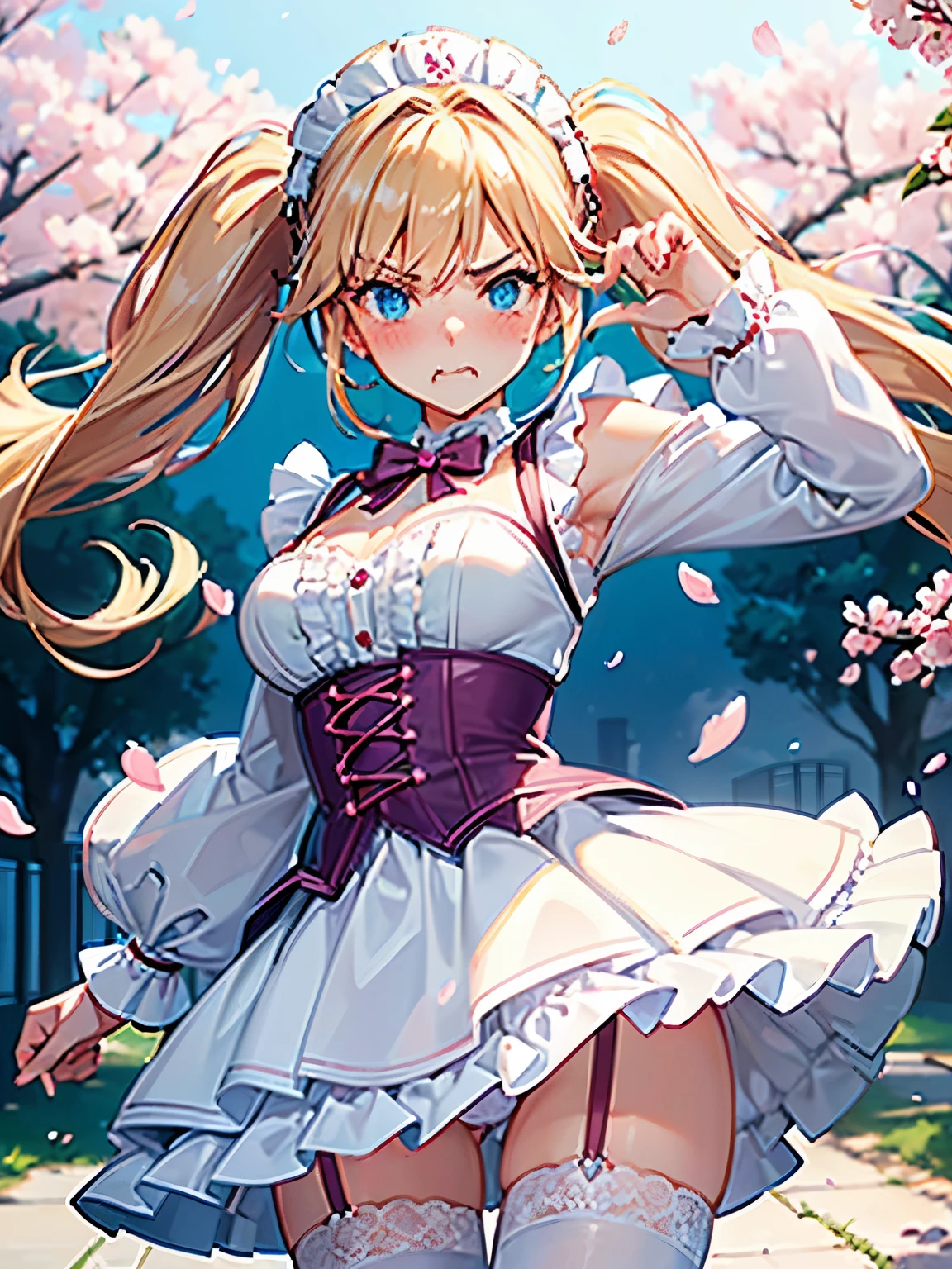 masterpiece,((highest quality)),8k wallpaper,accurate expression,((very detailed explanation)). ((female 1)),20-year-old,super beautiful,((fine facial details)),perfect anatomy,correct anatomy,perfect face,perfect arms,,perfect fingers,perfect waist,perfect thighs,twin tails,美しいblonde,blonde,view audience,I see the camera flash,light blue eyes,((anger:1.5)),((embarrassing 1.1)),((The facial parts are also detailed..)),((blush:1.5)),Wear a white blouse with frills on the collar,wearing a purple corset,maid cosplay,white miniskirt with white ruffles,((raise the hem of the skirt)),((Show off your panties to your audience)),((showing off pink lace panties)),white stockings,((75 degree angle from bottom)),close up shot,french model. The background is a cherry tree,spring,noon,The wind is blowing,Many cherry blossom petals are falling,wonderful.