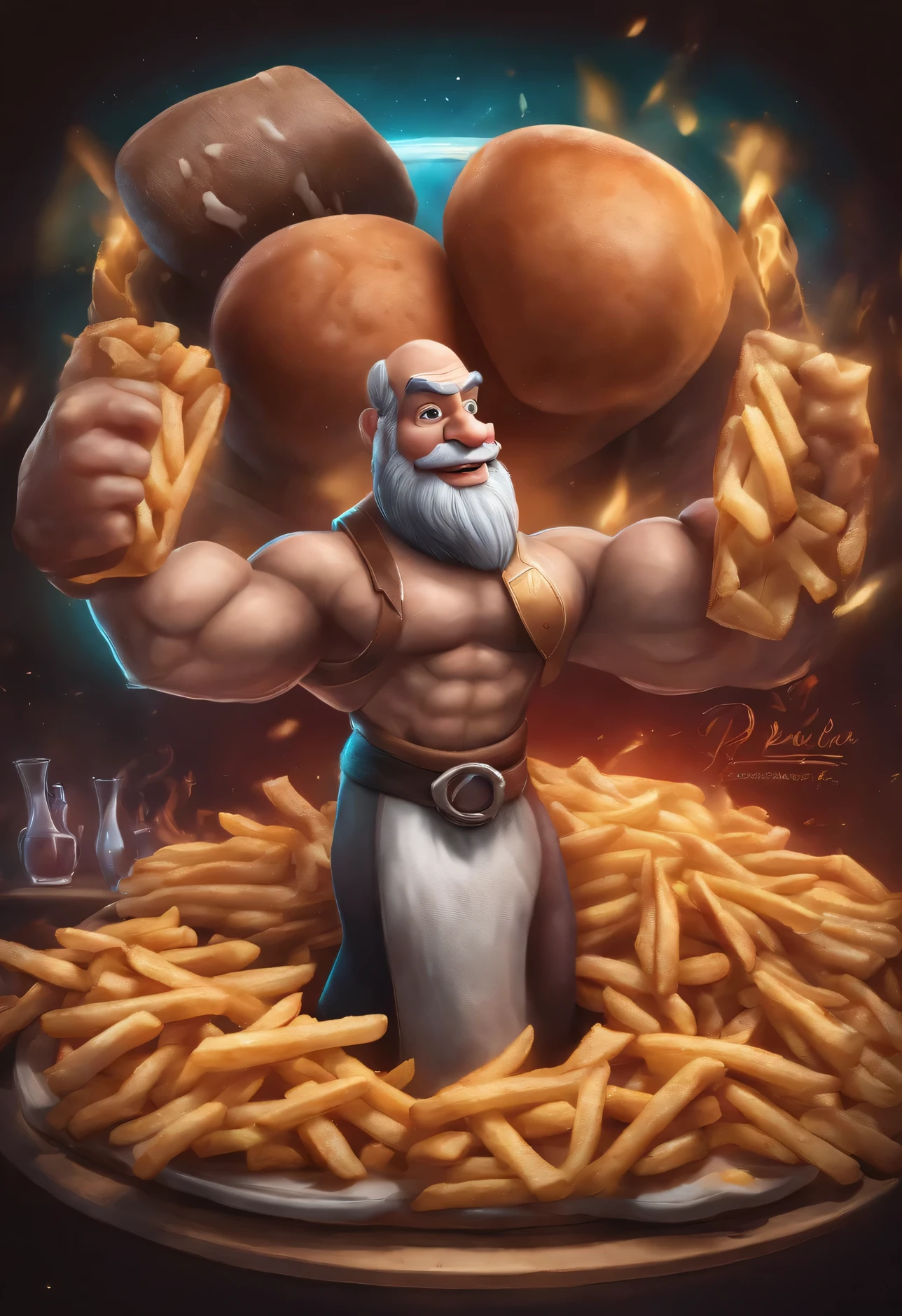 un logo de una verdura papa en dibujo haciendo ejercicios con unos brazos bien musculosos, levantando una pesa y con unas letras abajo que digan "Protein Fries Potato"