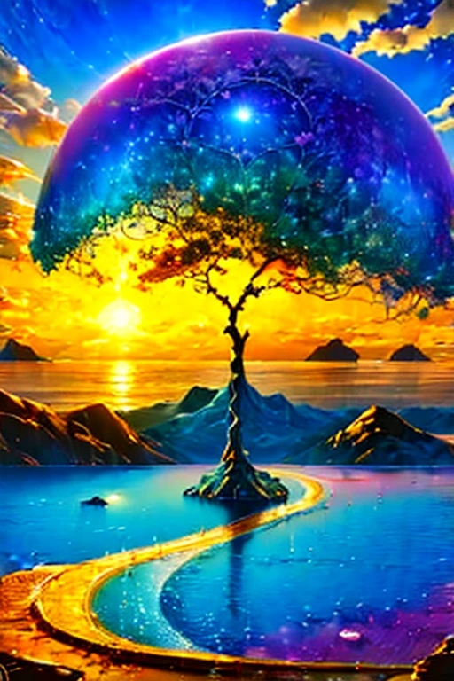 Colorful ocean, big rainbow clouds, private beach, sunset, spectacular scenery, reincarnation, polar regions, phoenix, big full moon, angel ladde