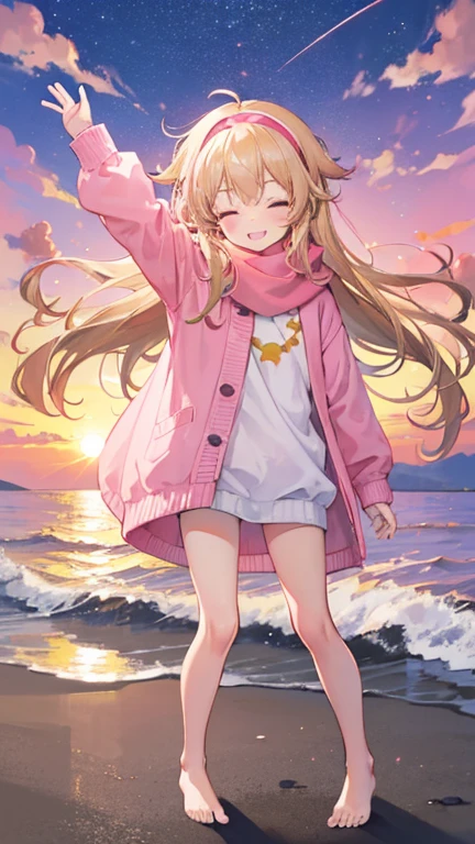 a cute 6 year old church girl named Anna, both brownish blonde hair, long wavy hair, pink white sweater, scarf, no pants, wearing a pink hairband, on a jog, eyes closed, sunset, slight smile, wristbands, barefoot, joyful, energetic 