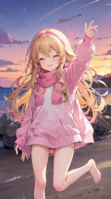 a cute 6 year old church girl named Anna, both brownish blonde hair, long wavy hair, pink white sweater, scarf, no pants, wearing a pink hairband, on a jog, eyes closed, sunset, slight smile, wristbands, barefoot, joyful, energetic 