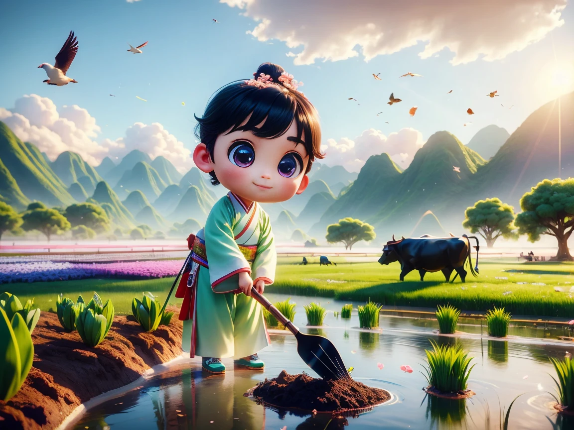 (((Spring Morning)))，A cute little Chinese boy，Dressed in light-colored Hanfu，Planting vegetables with a hoe，A black cow eats grass，From Bubble Mart。she is in the fields，distant river、grassland，There are mountains in the distance，birds circling in the sky，With green onions。Disney-Pixar-style characters，big watery eyes，bright colors。Ray tracing、Octane refining technology，Wide-angle view，clay material，animated lights。3D production，Use C4D、Overclocked rendering