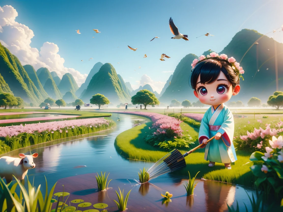 (((Spring Morning)))，A cute little Chinese boy，Dressed in light-colored Hanfu，Planting vegetables with a hoe，A black cow eats grass，From Bubble Mart。she is in the fields，distant river、grassland，There are mountains in the distance，birds circling in the sky，With green onions。Disney-Pixar-style characters，big watery eyes，bright colors。Ray tracing、Octane refining technology，Wide-angle view，clay material，animated lights。3D production，Use C4D、Overclocked rendering