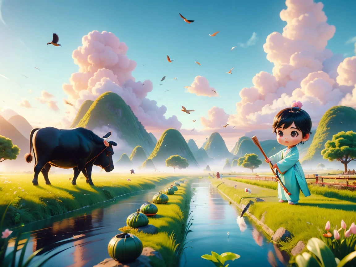 (((Spring Morning)))，A cute little Chinese boy，Dressed in light-colored Hanfu，Planting vegetables with a hoe，A black cow eats grass，From Bubble Mart。she is in the fields，distant river、grassland，There are mountains in the distance，birds circling in the sky，With green onions。Disney-Pixar-style characters，big watery eyes，bright colors。Ray tracing、Octane refining technology，Wide-angle view，clay material，animated lights。3D production，Use C4D、Overclocked rendering