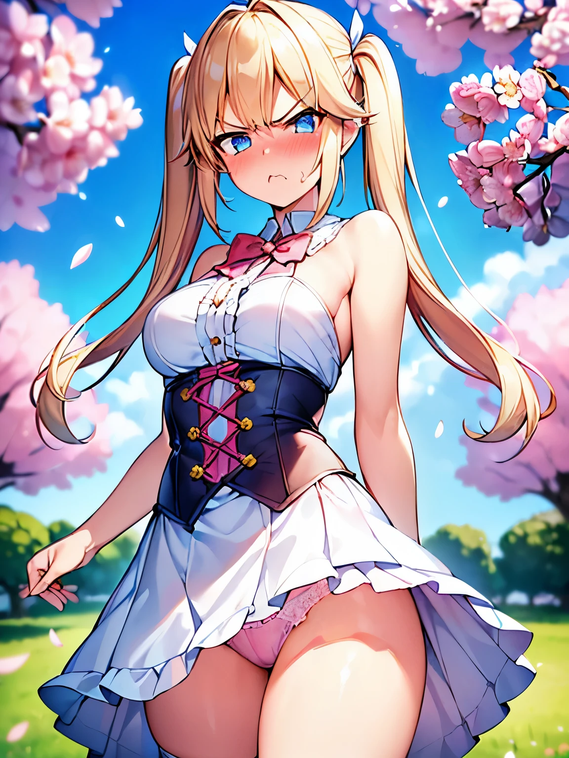 masterpiece,((highest quality)),8k wallpaper,accurate expression,((very detailed explanation)). ((female 1)),20-year-old,super beautiful,((fine facial details)),perfect anatomy,correct anatomy,perfect face,perfect arms,,perfect fingers,perfect waist,perfect thighs,twin tails,beautiful blonde,view audience,I see the camera flash,light blue eyes,((anger:1.5)),((embarrassing 1.1)),((The facial parts are also detailed..)),((blush:1.5)),Wear a white blouse with frills on the collar,wearing a purple corset,maid cosplay,white miniskirt with white ruffles,((raise the hem of the skirt)),((Show off your panties to your audience)),((showing off pink lace panties)),white stockings,((75 degree angle from bottom)),close up shot,french model. The background is a cherry tree,spring,noon,The wind is blowing,Many cherry blossom petals are falling,wonderful.