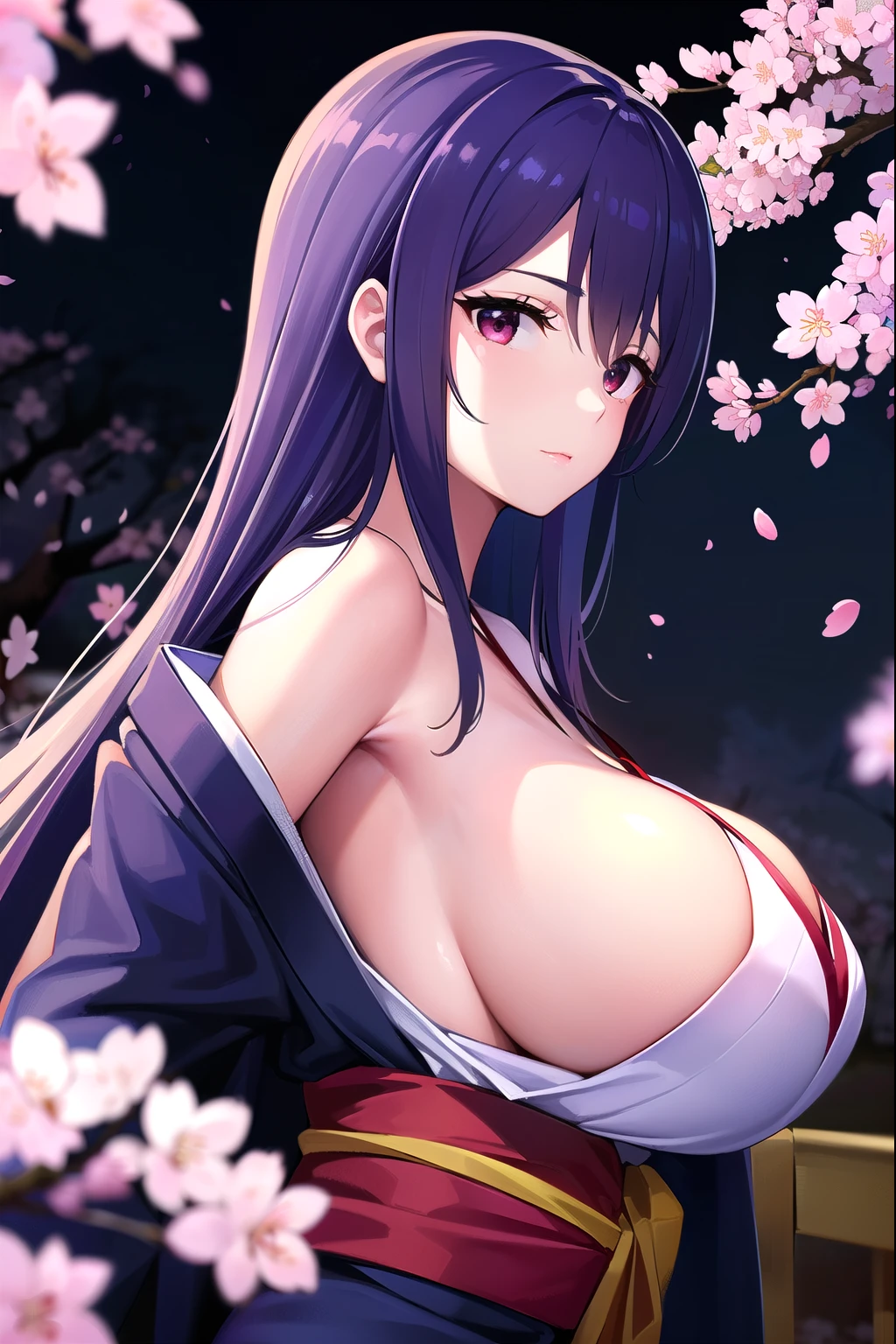 girl solo、ghost、ghost女の子、Navy blue long hair、center division、big breasts、Very big、(((I can see the side boob)))、(((Kimono that shows breasts)))、((((The background is cherry blossoms at night))