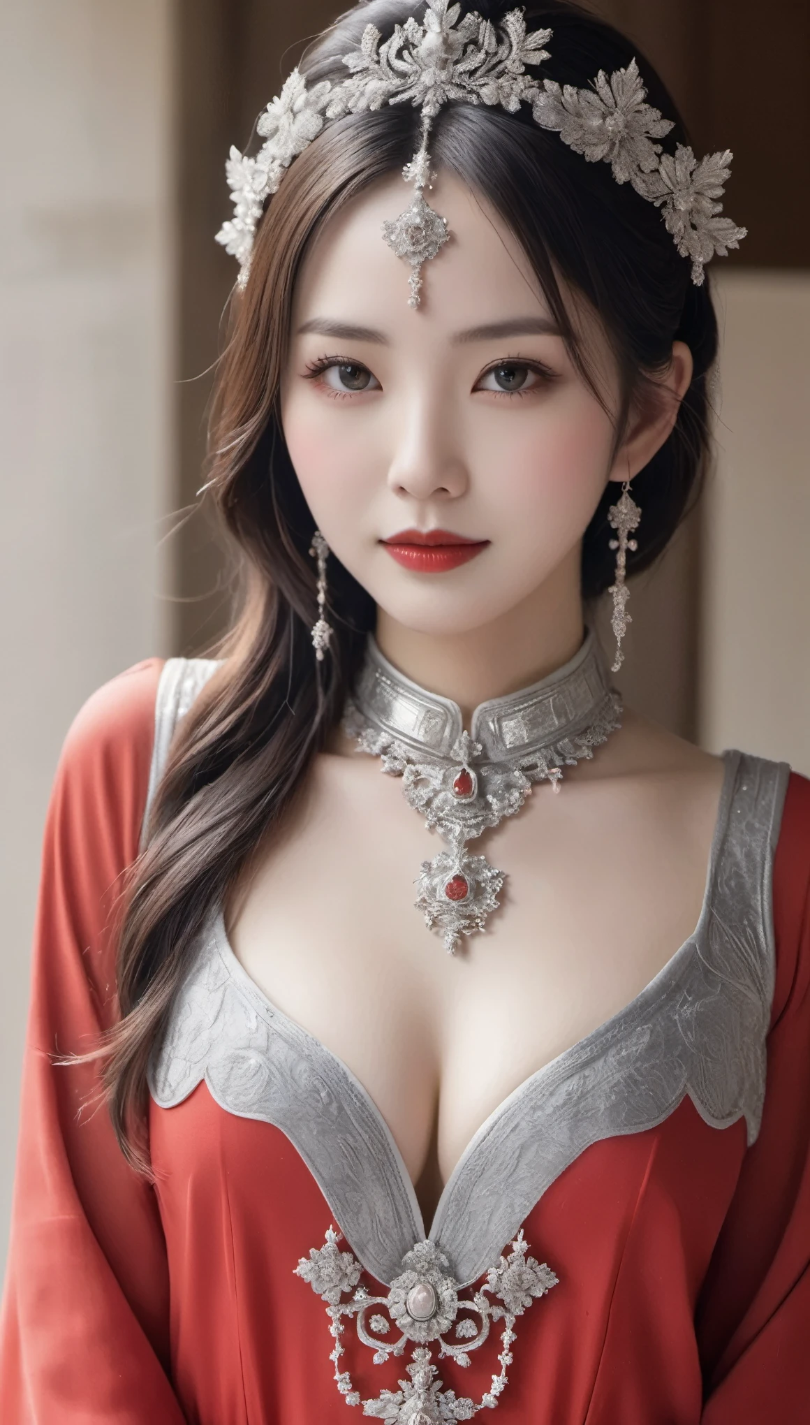 (((surreal woman)))、((とても美しい30歳の白人Female priests))、(((Big big cleavage)))、Female priests、blonde mature、plump body shape、smile、middle-aged beauty 、Very delicate and delicate skin texture、Female priests、{(ancient ornate and luxurious temple)、(many torches are burning)}、red lips、fine scarlet eyes、(((Luxury and gorgeous silver outfit and luxurious accessories)))、Gorgeous and luxurious hair ornament、I have a shining platinum wand、
