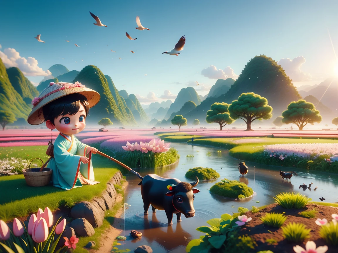 (((Spring Morning)))，A cute little Chinese boy，Dressed in light-colored Hanfu，Planting vegetables with a hoe，A black cow eats grass，From Bubble Mart。she is in the fields，distant river、grassland，There are mountains in the distance，birds circling in the sky，With green onions。Disney-Pixar-style characters，big watery eyes，bright colors。Ray tracing、Octane refining technology，Wide-angle view，clay material，animated lights。3D production，Use C4D、Overclocked rendering