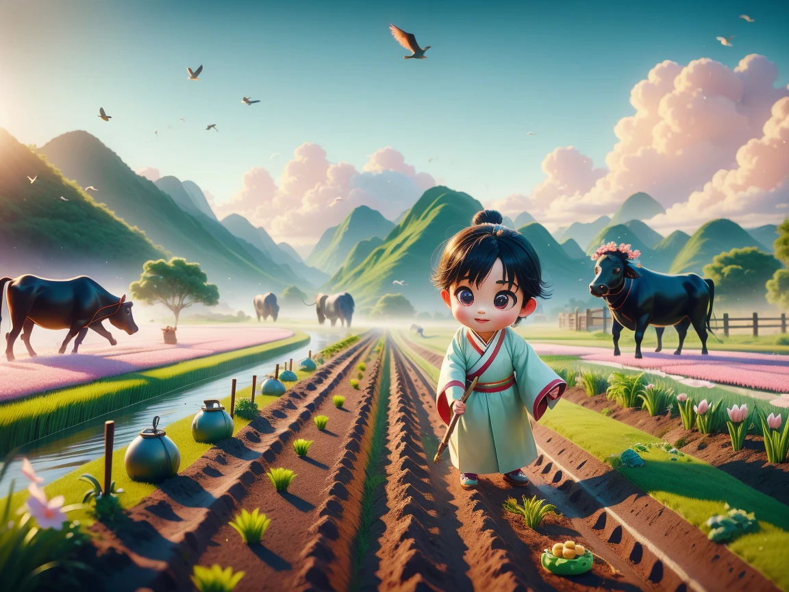 (((Spring Morning)))，A cute little Chinese boy，Dressed in light-colored Hanfu，Planting vegetables with a hoe，A black cow eats grass，From Bubble Mart。she is in the fields，distant river、grassland，There are mountains in the distance，birds circling in the sky，With green onions。Disney-Pixar-style characters，big watery eyes，bright colors。Ray tracing、Octane refining technology，Wide-angle view，clay material，animated lights。3D production，Use C4D、Overclocked rendering