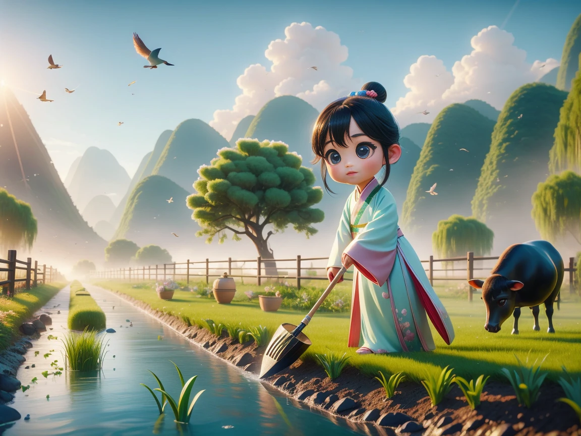 (((Spring Morning)))，A cute little Chinese boy，Dressed in light-colored Hanfu，Planting vegetables with a hoe，A black cow eats grass，From Bubble Mart。she is in the fields，distant river、grassland，There are mountains in the distance，birds circling in the sky，With green onions。Disney-Pixar-style characters，big watery eyes，bright colors。Ray tracing、Octane refining technology，Wide-angle view，clay material，animated lights。3D production，Use C4D、Overclocked rendering