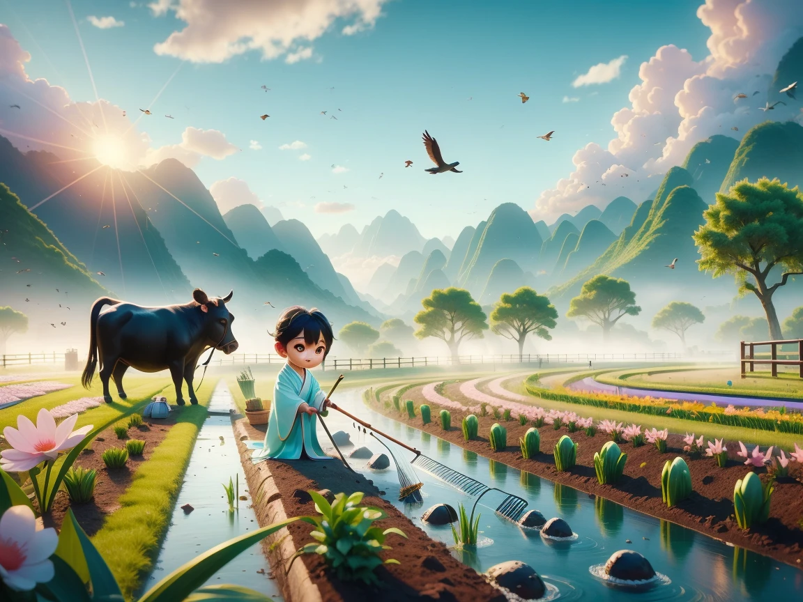 (((Spring Morning)))，A cute little Chinese boy，Dressed in light-colored Hanfu，Planting vegetables with a hoe，A black cow eats grass，From Bubble Mart。she is in the fields，distant river、grassland，There are mountains in the distance，birds circling in the sky，With green onions。Disney-Pixar-style characters，big watery eyes，bright colors。Ray tracing、Octane refining technology，Wide-angle view，clay material，animated lights。3D production，Use C4D、Overclocked rendering