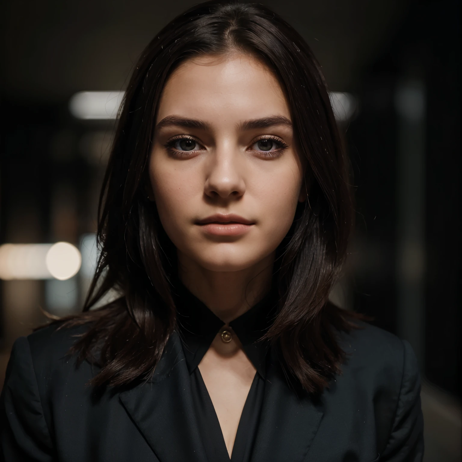 4K, 8K, portrait of European girl, solo, 1 girl, 21 year old, beautiful face, uppser body, hair over one eye, dark hair, sharp focus, black business suit.