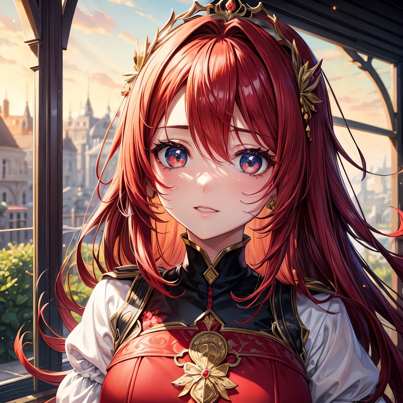 Um desenho com estilo de anime de uma rainha de cabelo vermelho intenso, olhos azuis escuro e muitos ornamentos