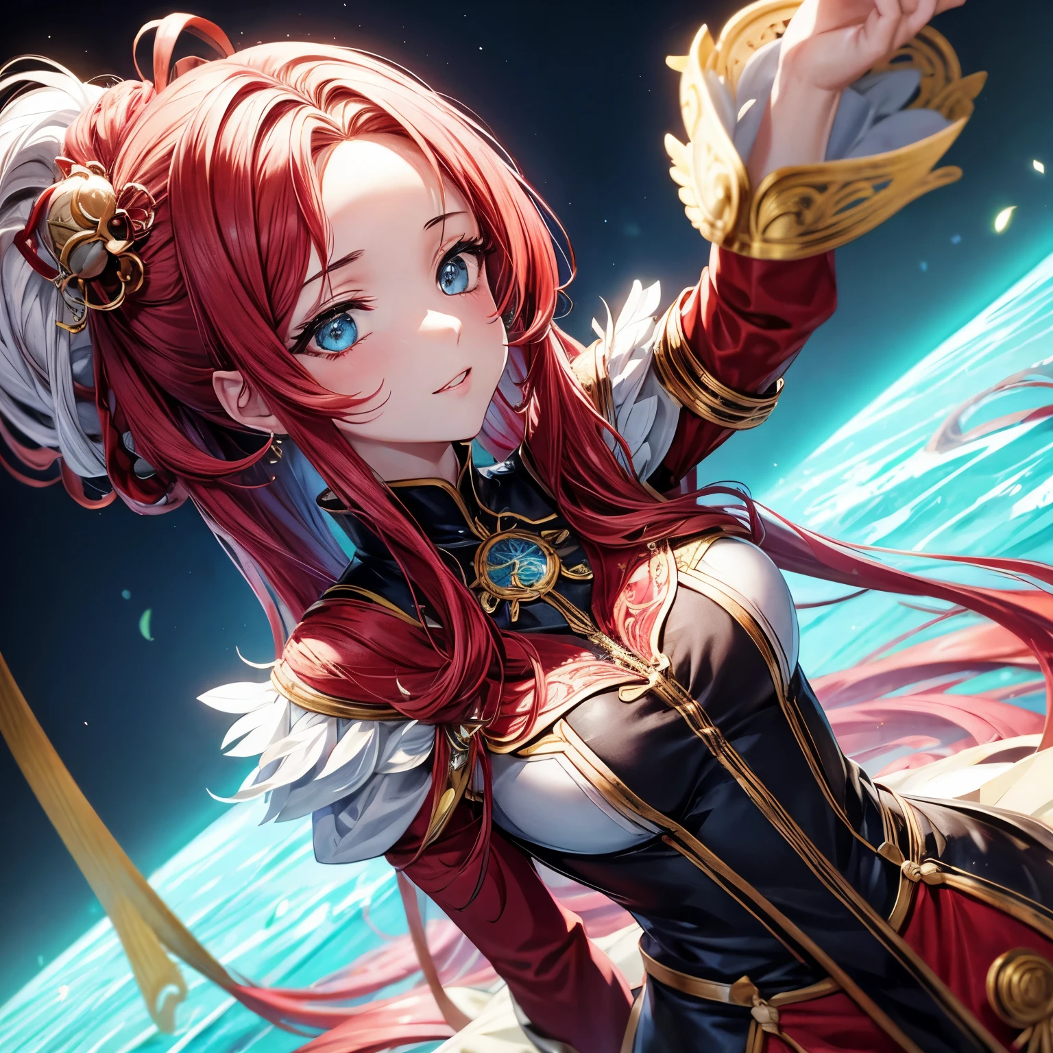 Um desenho com estilo de anime de uma rainha de cabelo vermelho intenso, olhos azuis escuro e muitos ornamentos 