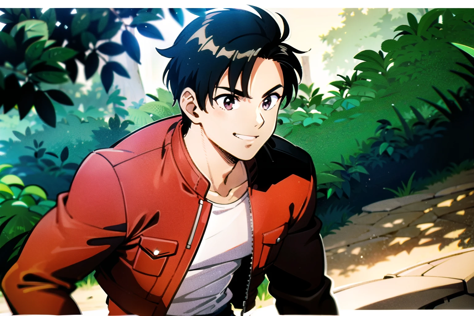 1boy, solo, young boy, black hair, short hair, silver eyes, healthy complexion, youthful smile, strong frame, red bomber jacket, white muscle shirt, forest background, ar 2:3