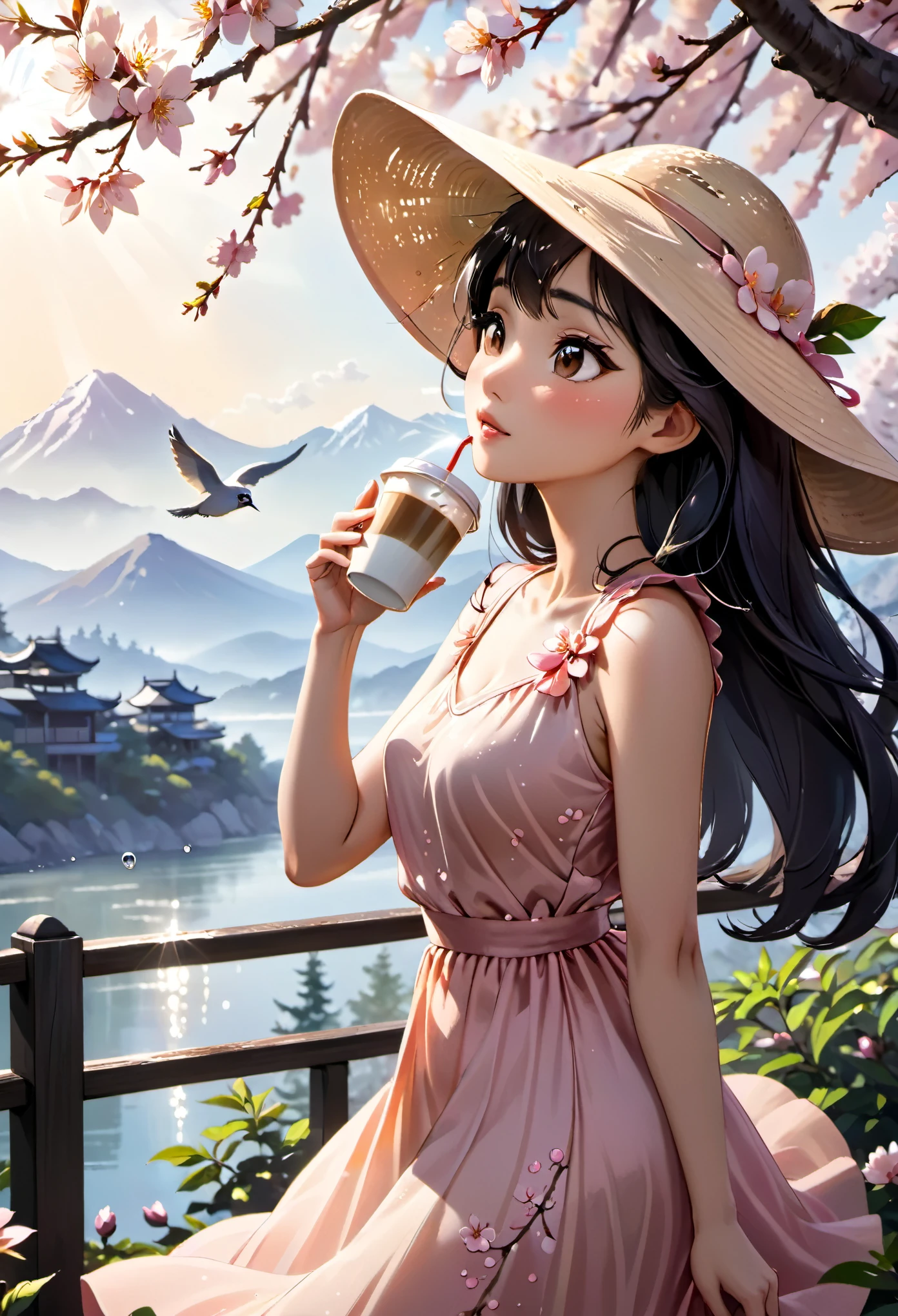 (best quality,4k,8k,highres,masterpiece:1.2),ultra-detailed,(realistic,photorealistic,photo-realistic:1.37),A lanky Asian woman in a (peach translucent summer dress, wide brimmed hat, sunglasses),is drinking her coffee while watching sunrise, spring morning, cherry blossoms,gleaming dew drops,gentle breeze,rays of sunlight filtering through the branches,soft pink petals swirling in the air,natural beauty,serene atmosphere,conscious expression,peaceful ambiance,delicate flowers,intimate connection with nature,tranquil setting,distant mountains,pure serenity,beautiful contrast between the vibrant colors and the calm surroundings,endless horizon,quiet serenade of birds chirping,muted colors,subtle shade of sunlight,ethereal silhouette,dappled light,morning mist,evoking a sense of tranquility,Film Noir touch,exquisite detailing in facial features,fine lines and brushstrokes,true-to-life colors and textures,unmistakable sense of serenity,subdued elegance,vivid colors blended harmoniously,softness of nature,picturesque scene,sublime calmness,sophistication,refined craftsmanship,artistic depiction,eyes filled with wonder and contentment