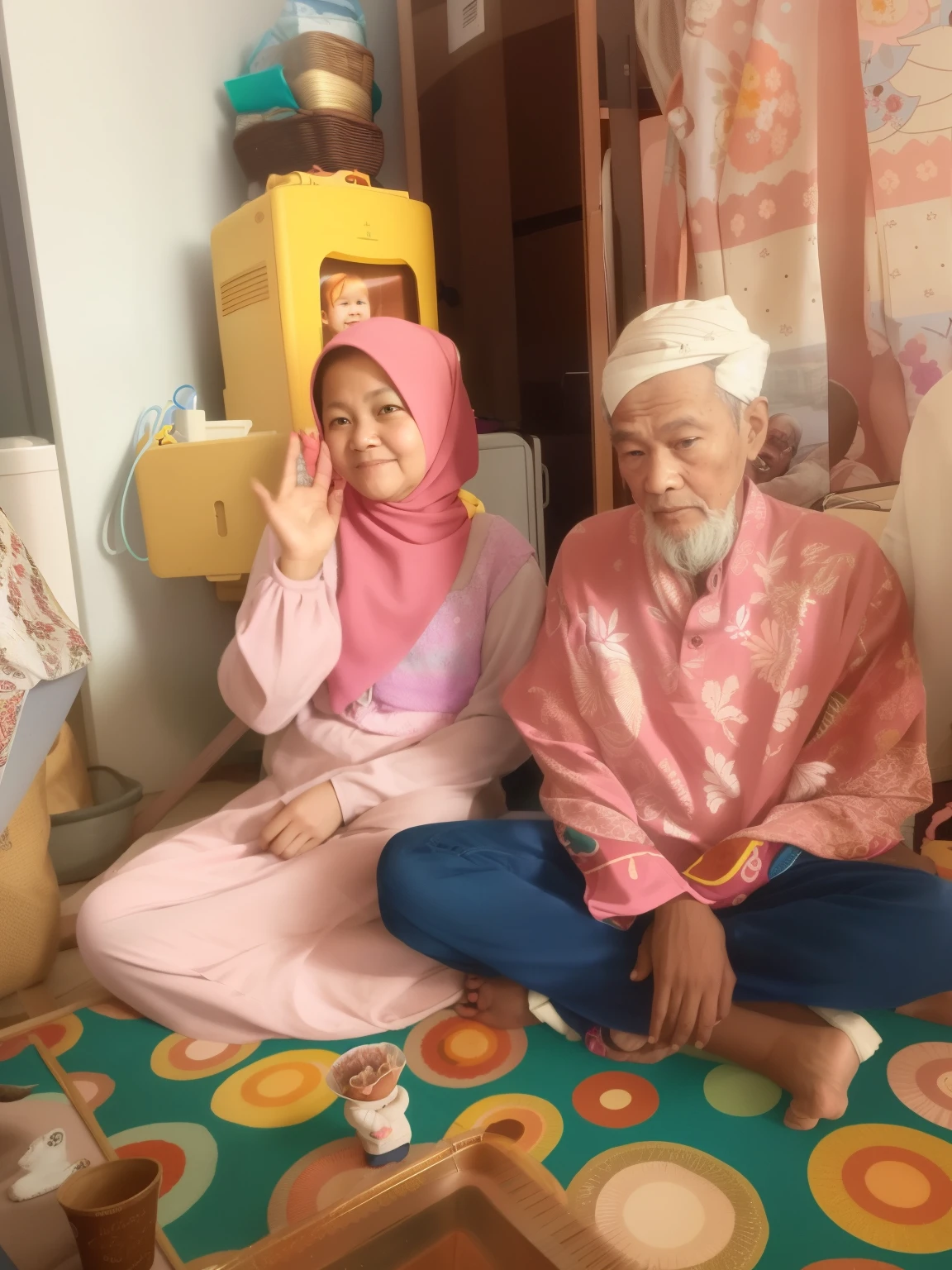 Pale skin ugly Mongolian young teen girl in hijab nude arm nude shoulder breasts talking with her older grandfather on bed bracelet far shot full body sitting man seriously angry