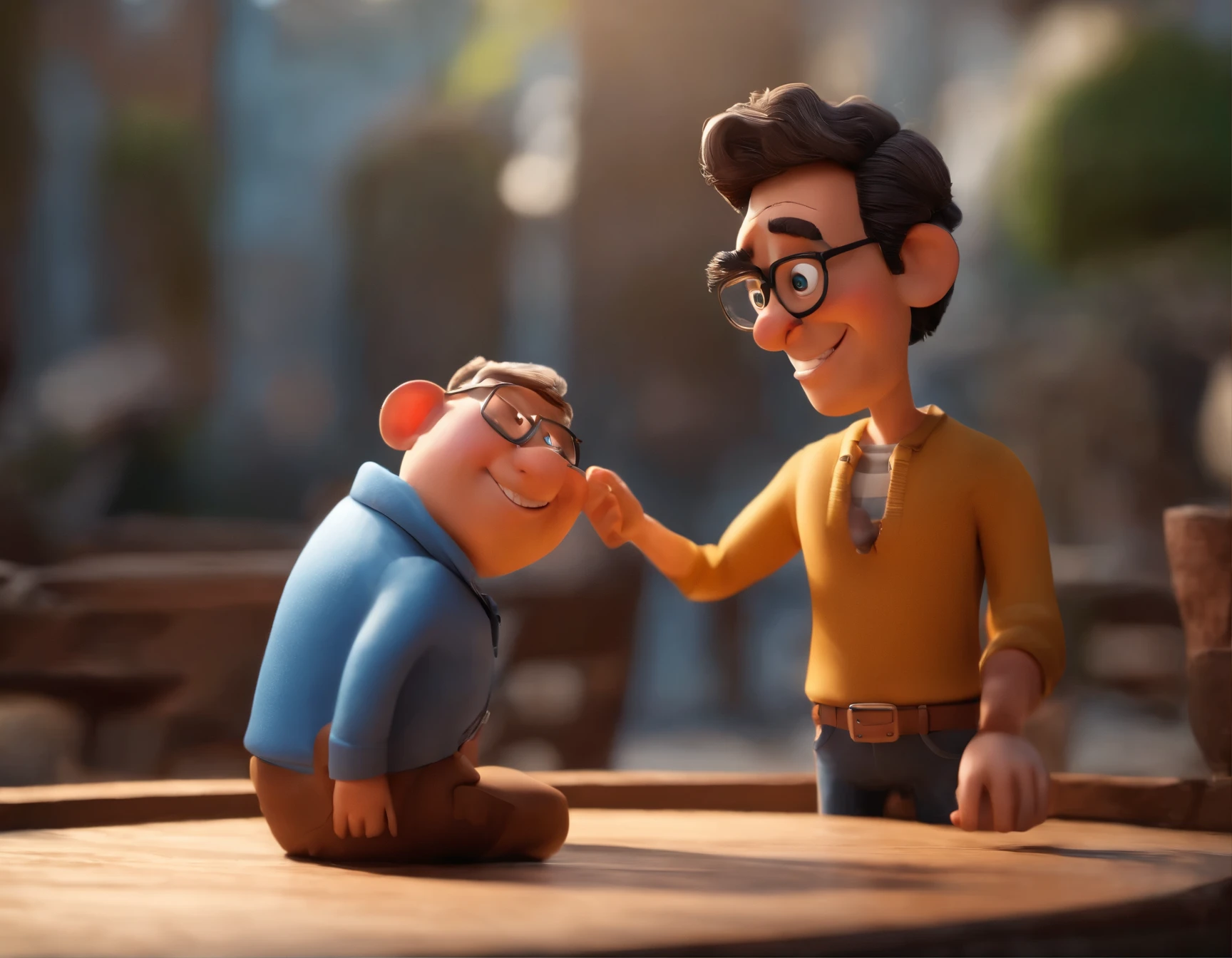 Cartoon character of a man wearing black glasses and a blue shirt, um personagem animado, Caractere estilizado, animation style rendering, 3D estilizado, Arnold Maya render, 3 d render stylized, toon render keyshot, Personagem 3D, Personagem 3D, 3d rendering stylized, 3 d character render, personagem de desenho animado, Personagem de close up, Pose de personagem, (Estilo Pixar) (master part:1.2) (Bokeh) (best quality) (pele detalhada) (textura detalhada) (8k) (argila) (Cinematic lighting) (sharp focus，Senta e vaza a parte superior do corpo