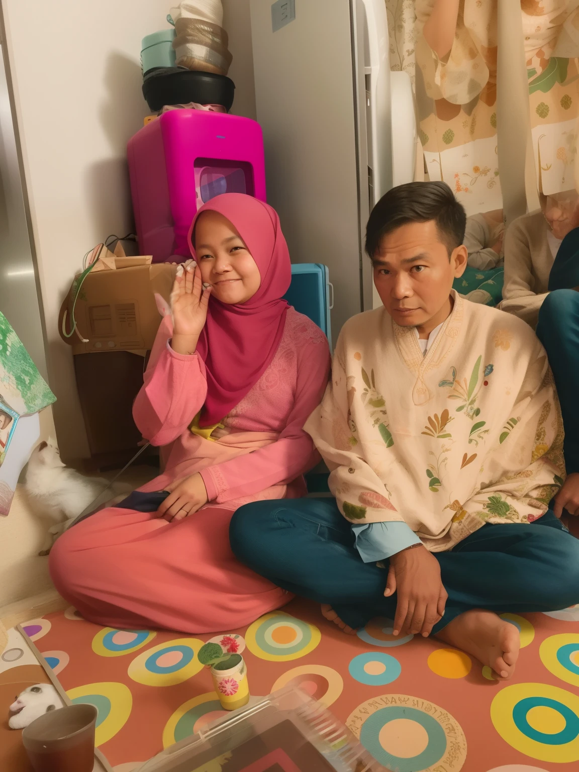 several people sitting on the floor in a room with a refrigerator, potrait, an indonesian family portrait, a picture, couple, ismail, slide show, protrait, high quality upload, 😭 🤮 💕 🎀, happy family, dramatic moment, at home, full protrait, old picture, profile pic, intense moment, profile picture 1024px