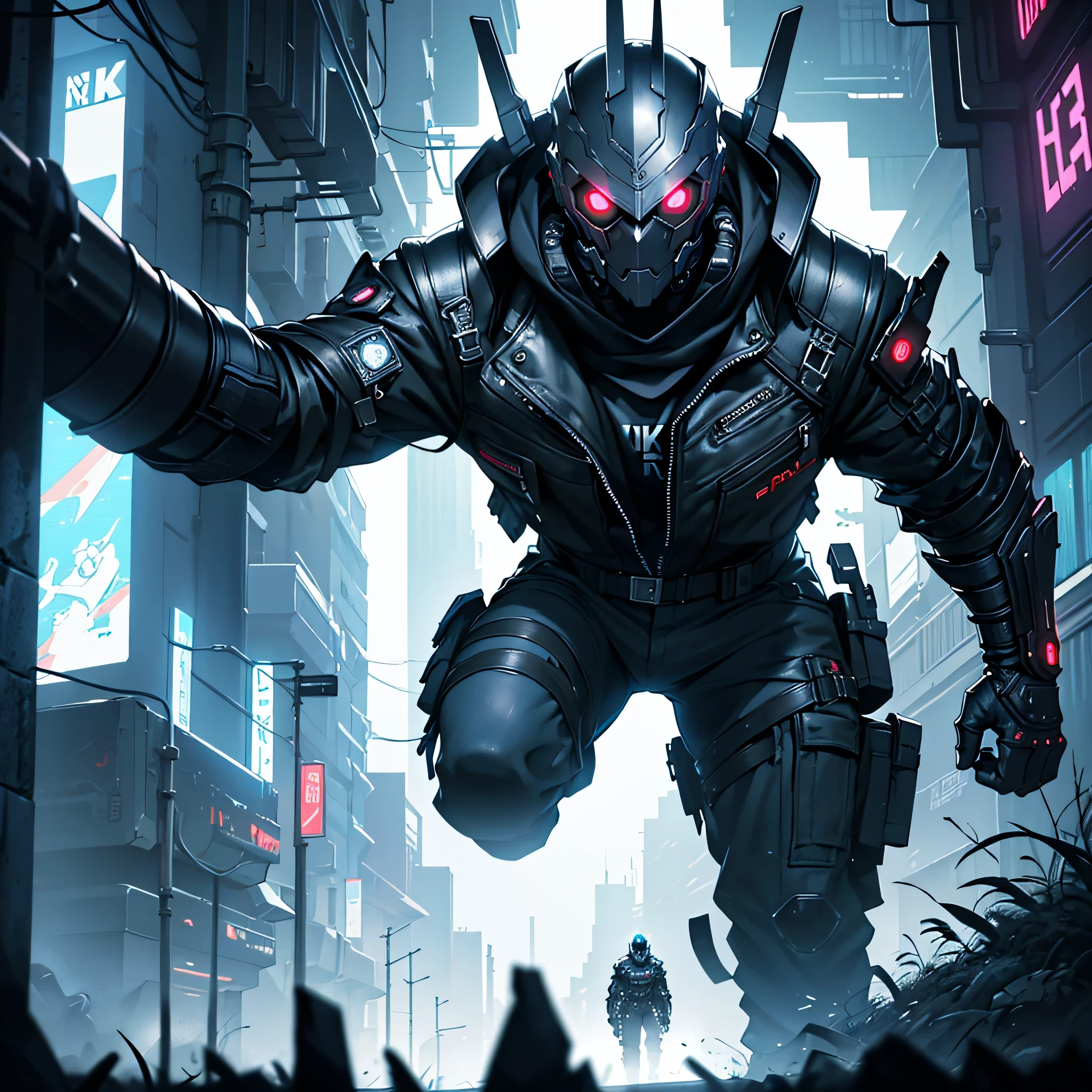 1 man, fighting, silver bionic right arm, silver mask on, Glowing eyes, Black Leather jacket, Dark background, HD,4K, Cyberpunk, Dark fantasy, futuristic, sci-fi, night.