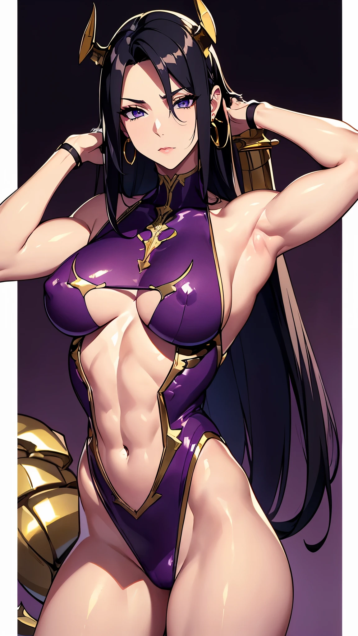 ((8K resolution))、((highest quality))、((masterpiece))、((Super detailed))((((dramatic))), (anatomically correct)、Depth of object being written、look at the camera、one person、one personの女性、front、black hair、Thin but muscular body, defined abs, toned arms, long and thin legs, Athletic Presence,gold earrings、purple eyes、half closed eyes / Bad mood 、tattoo、(theme、whole body:1.1), gold and purple bodysuit、scorpion scissors、(giant scorpion tail、Sharp 3-blade),white background