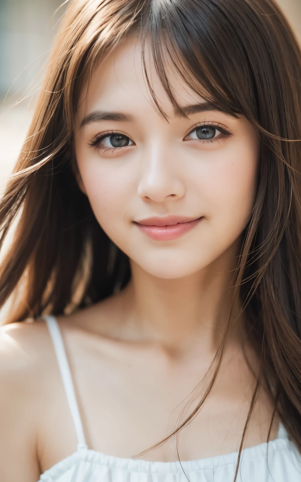 masterpiece, Best Quality, 8K, 1 girl, 20 yo, closed mouth, happy smile, close-up, Close-up of face, Solo, Cute, Girly, Delicate girl, Neat and clean beauty, Raw photo, Professional Photography, Portrait, Soft light, Professional Lighting, Back lighting, look away, avert your eyes, Sophisticated, Film grain, (Eyes and faces with detailed:1.0), medium length floating hair, Beautiful flowing hair,