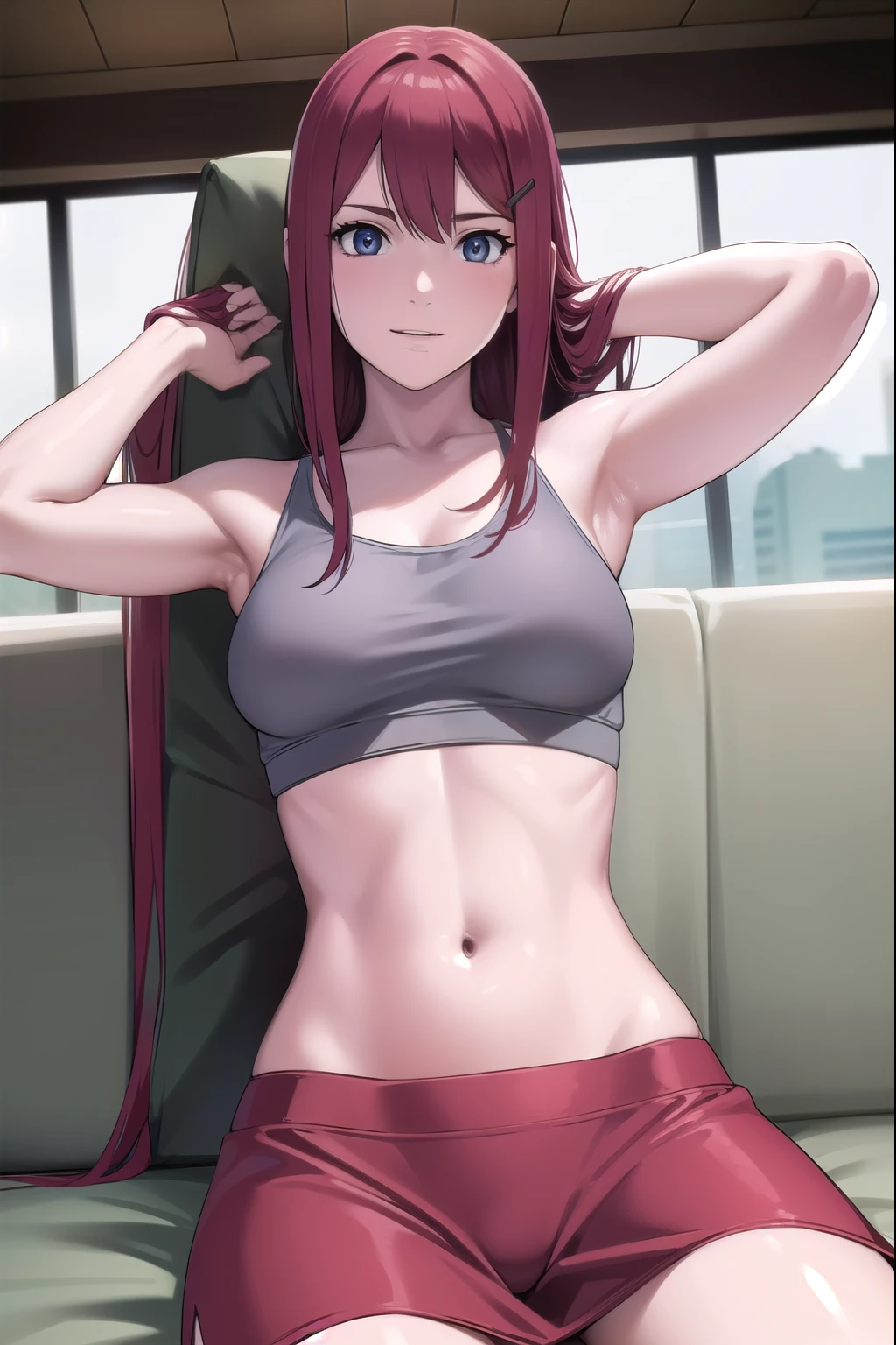 kushina, kushina, long hair, hair ornament, red hair, hairclip, (grey eyes:1.5),
BREAK (red micro bra), (mini skirt), bare shoulder, bikini BREAK sitting on chair, (legs open wide), (cameltoes), (legs spread), (Piledriver) BREAK (sitting) BREAK Blushing, smiling embarrassed, BREAK (show both armpits), arms behind head
BREAK looking at viewer, full body,arms_above_head,(cowboy shot:1.5),
BREAK indoors,
BREAK (masterpiece:1.2), best quality, high resolution, unity 8k wallpaper, (illustration:0.8), (beautiful detailed eyes:1.6), extremely detailed face, perfect lighting, extremely detailed CG, (perfect hands, perfect anatomy),