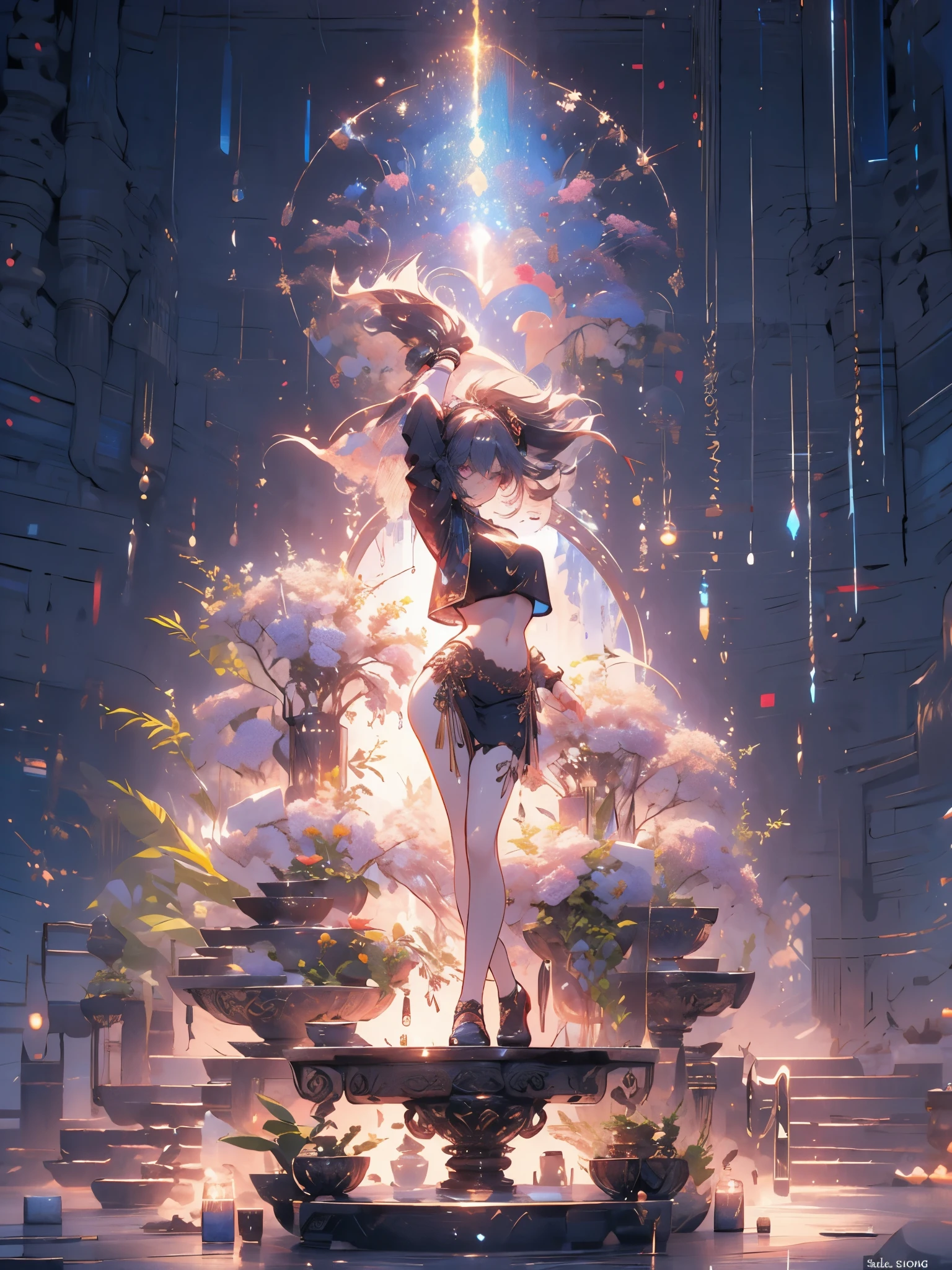 ((on the table)), best quality, absurd, Super detailed, holographic, dynamic poses, golden ratio, 超级Lovely女孩, mature girl, extremely beautiful, super beautiful asian girl,With super beautiful purple eyes, Super beautiful white hair, shiny skin, high ponytail, Good and harmonious , Slender and delicate figure, Perfect body, Wearing a white crop top with a super tight print, Lovely