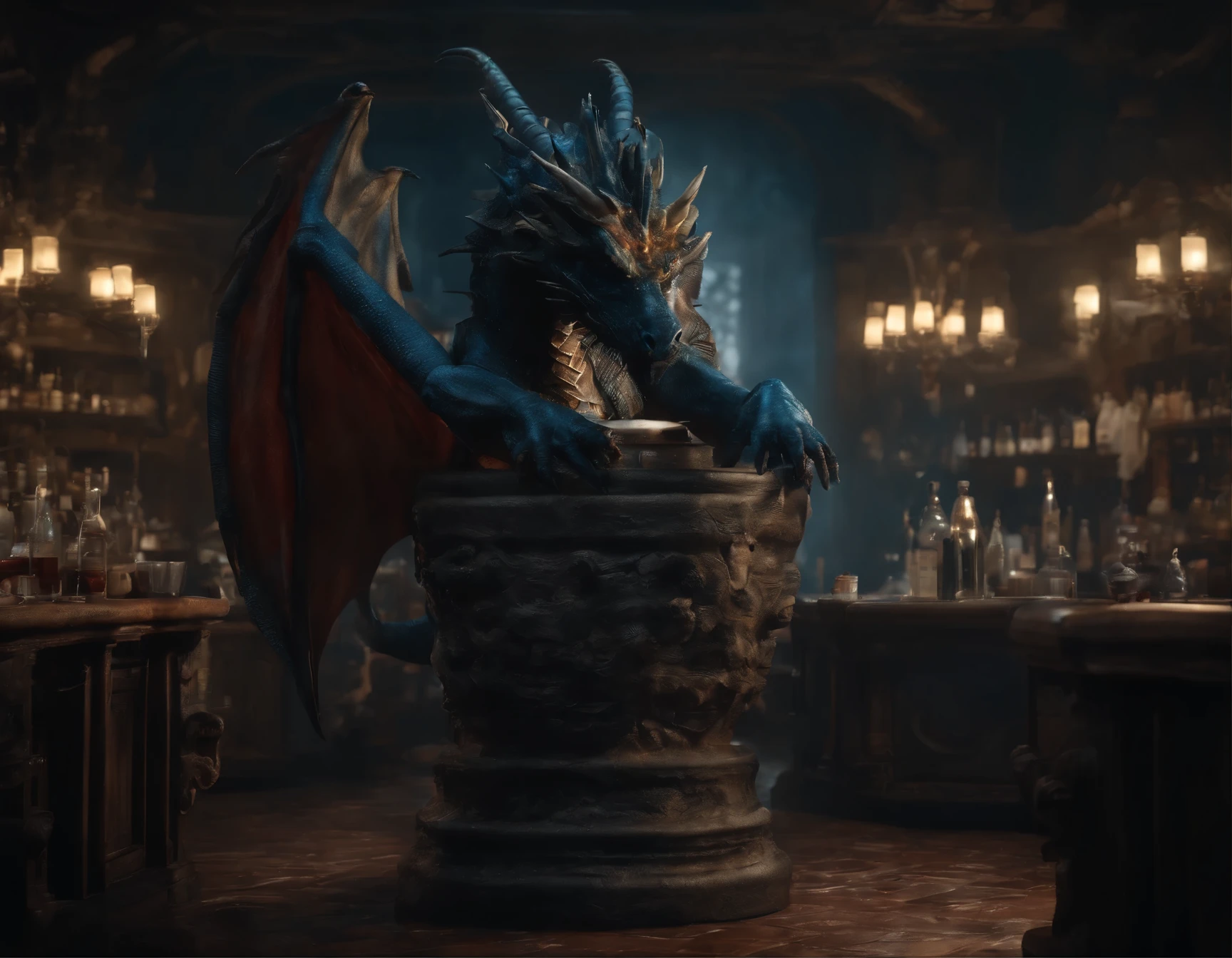 Alone, male people, adventurer, (male people anthro dragon:1.3), (Red body:1.1), Yellow belly, (Permanent:1.3), (beast wild:1.2), (pub:1.23), Heavy armor, (plate armor), (laughingly:1.3), With his eyes closed, with her mouth open, Tongue stock, (Piva), detailed eyes, Dragon tail, horn, (bust), (detailed eyes), (Indoors:1.35), desks, Bar reception, food, Excuse me, crowd of, (Dark:1.4), (Particle ,glowworm, blue glowing:1.3), detailedbackground, 8K high-definition, (Dark shadows, Wide dynamic range, HighDynamicRange, Low light:1.2), by Pino Deheni, Kanikai, Milk Tiger 1145, (only), [Dagasi, ys]