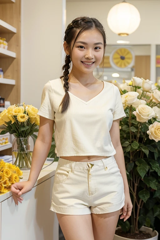 Chinese girl with pearly white skin, 20 years old, short braided hair, bright smile with dimples, wearing a white short-sleeved shirt, no bra, and cream-colored shorts. Standing and buying yellow roses flower shop