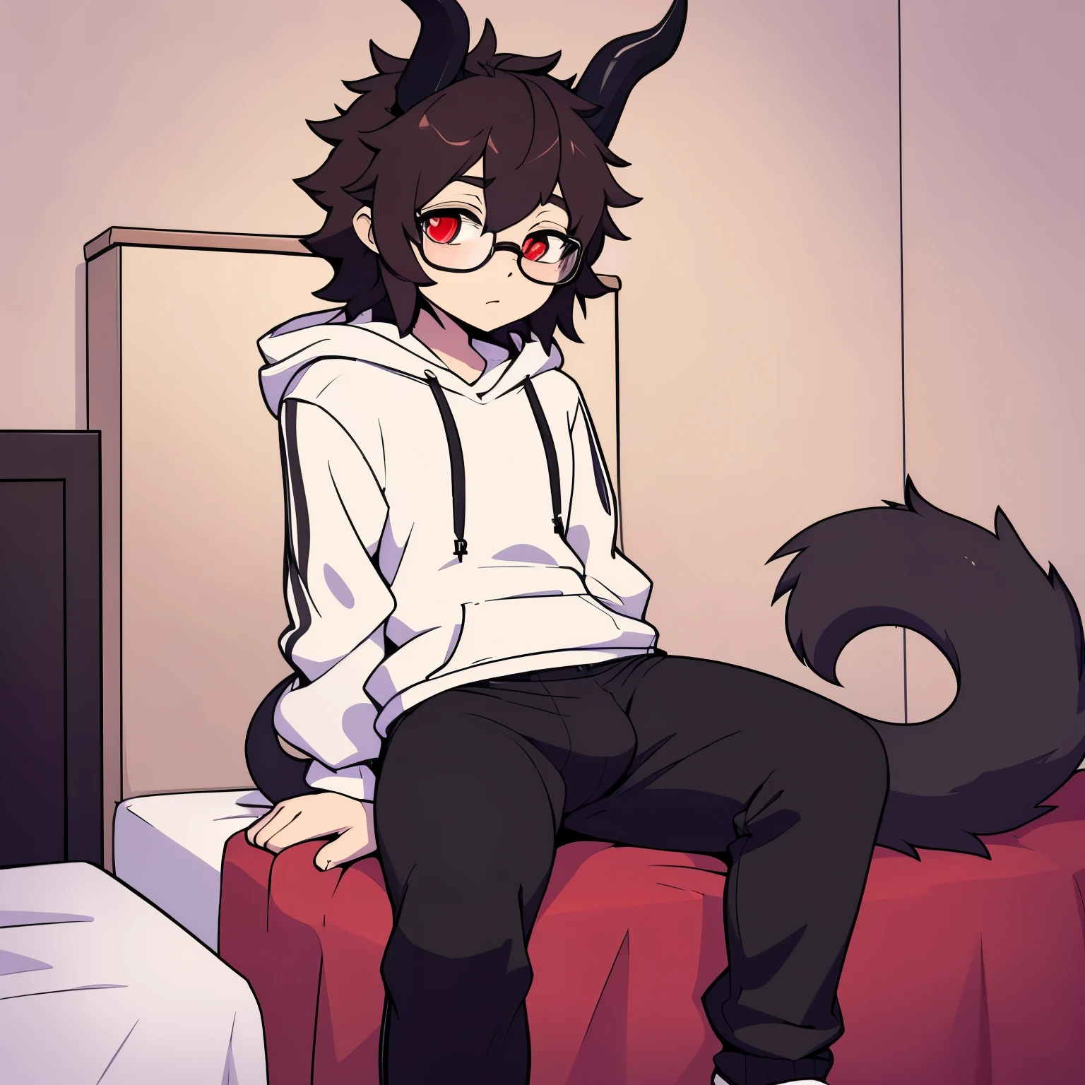 Human, Fluffy hair, no fur, black curly hair, messy hair, glasses, demon tail, sweatpants and hoodie, in room, alone, femboy, gay, bulge, red eyes, demon horns, horny