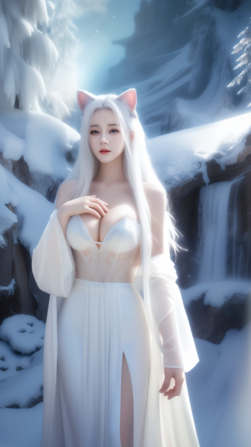 One wearing a white dress、Close-up of woman with cat ears, ethereal beauty, Stunning young and ethereal figure, huge breasts,bigger breasts,H cup,Expose more breasts,flowing white robe, flowing skirt, flowing magic robe, beautiful girl, very beautiful top model, Beautiful digital artwork, tall thin beautiful goddess, beautiful goddess, Beautiful fantasy girl, beautiful fantasy art, Smooth digital concept art, Smooth anime CG art,blizzard,snow mountain,lake,white hair,His face was slightly red