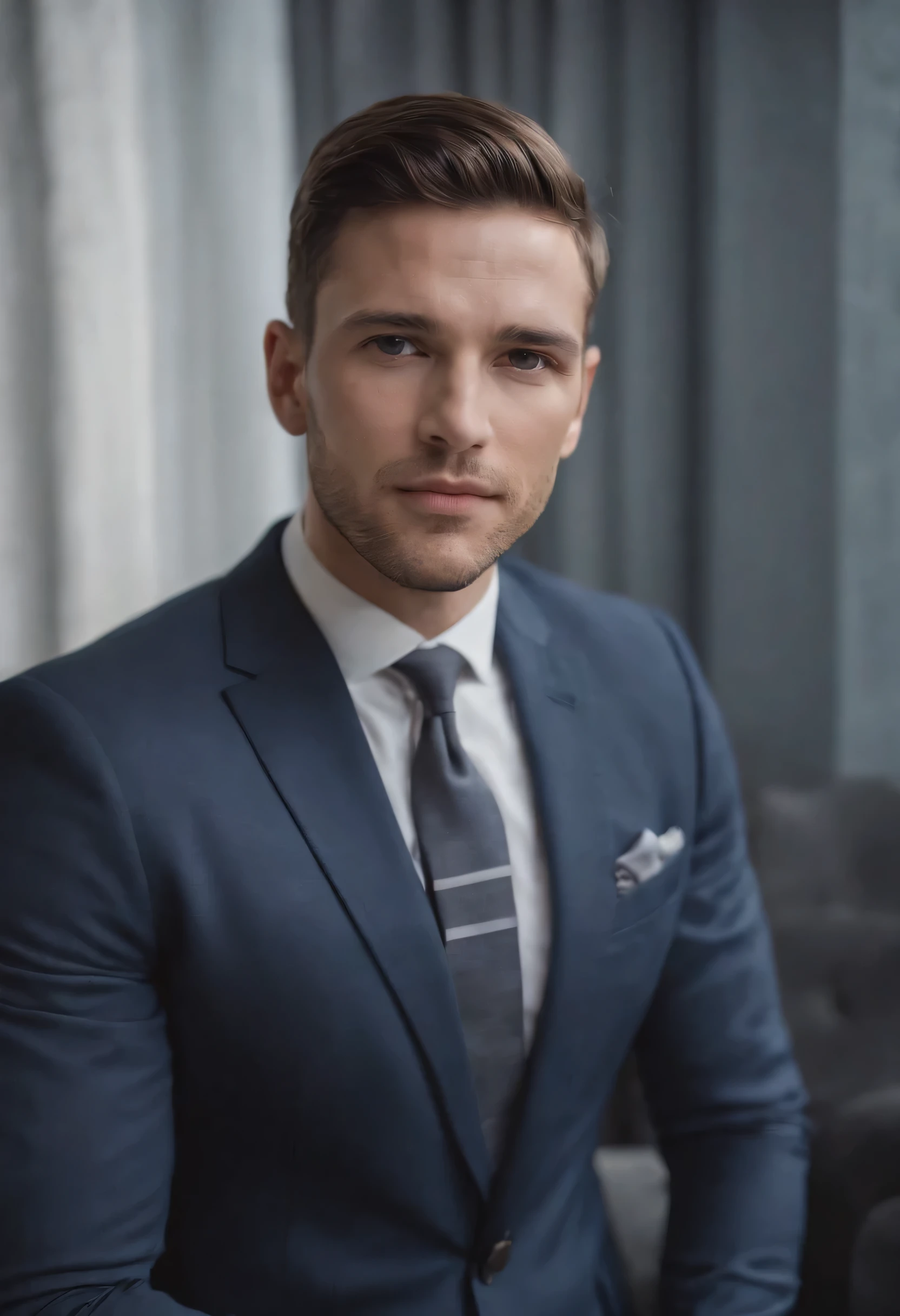 Attractive 30 year old man wearing Hugo Boss business suit, tiro de cuerpo completo con ropa deportiva