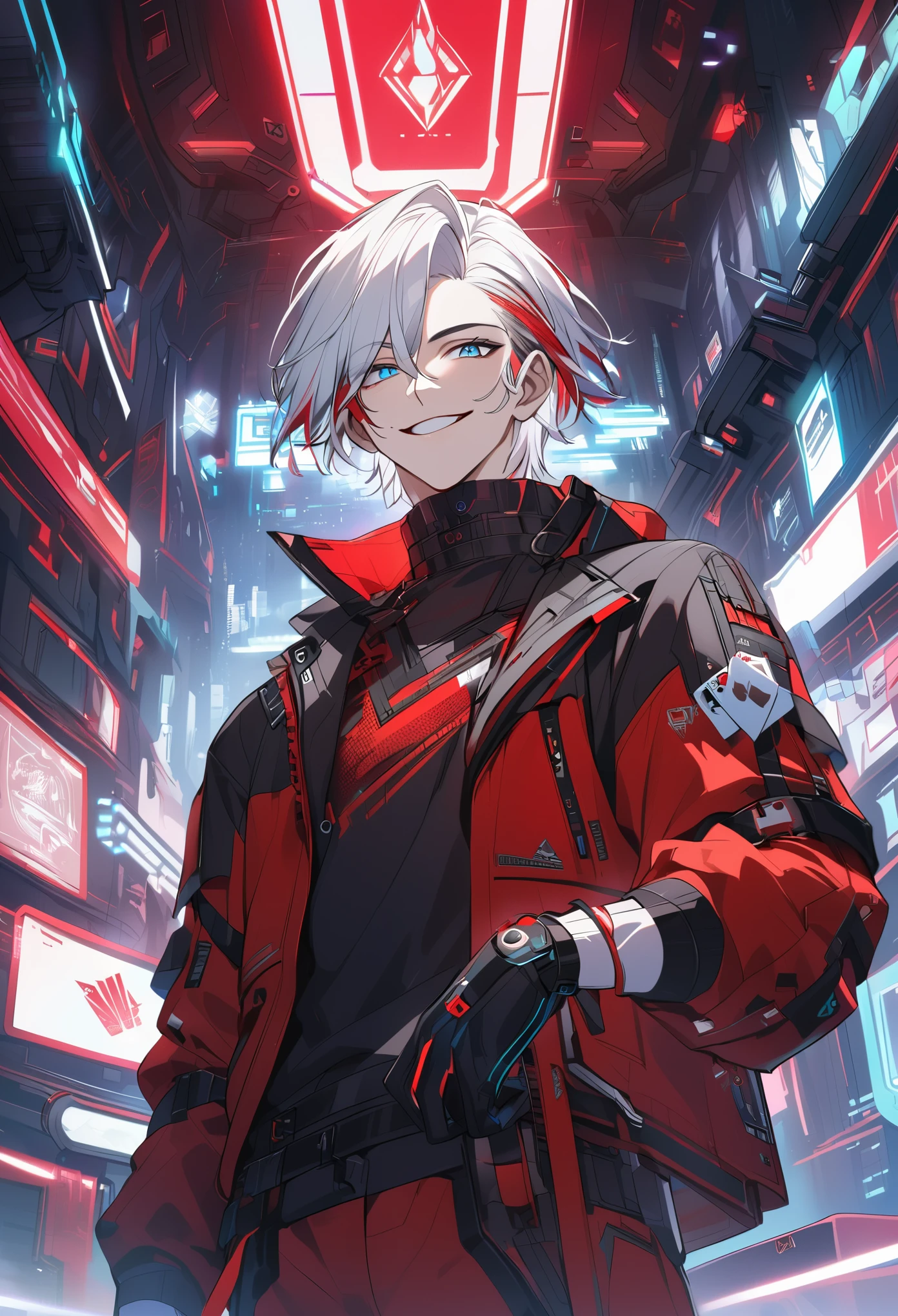 Handsome, solo, 1 male, short hair, white hair, red highlight at hair tips, light blue eyes, white and red clothes, smile facial, futuristic, cyberpunk, cards, dices, gambler