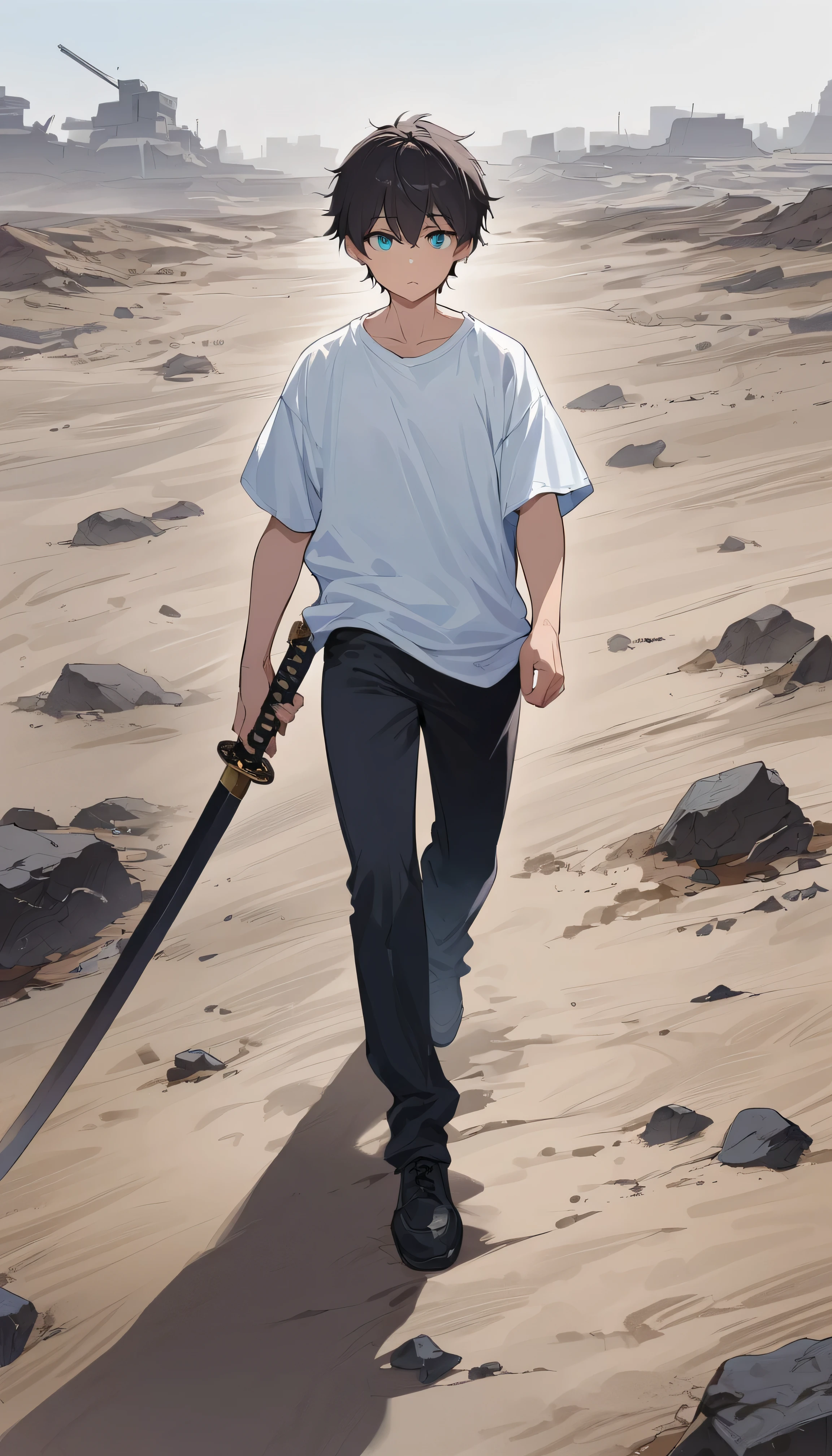 masterpiece, Full HD, 1boy, (oreki model), bangs, black hair. detailed eyes, beautiful eyes, growing eyes, bright aqua eyes, floating white T - shirt oversized, black long pants, holding katana, walking. rockland, wasteland, many swords stuck in the ground, foggy