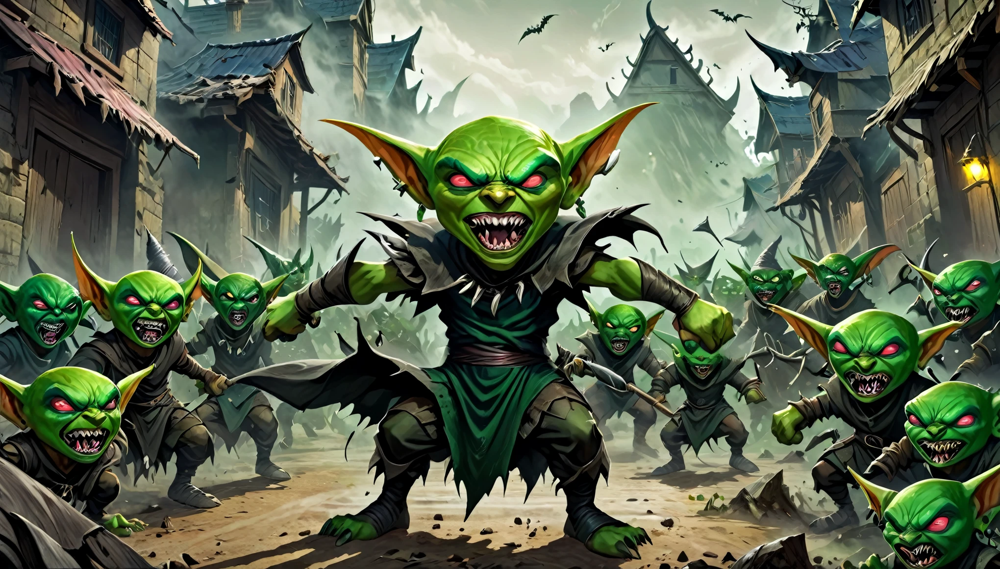 master piece), 8k, best quality, panoramic view, cartoon, Goblins, green, black and malicious eyes, evil, huge pointed ears, sharp teeth, bald, thin, 120 centimeters tall, dirty torn cloth clothing, attacking, full action, adventure, villain pose, angry expression