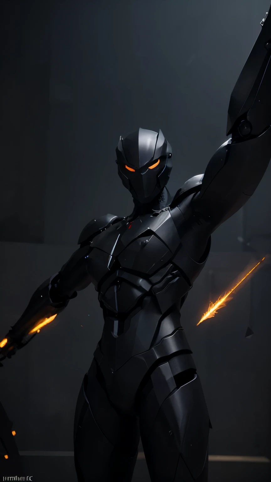 An organic and shadowy robotic figure with four arms and 2 of those arms its hands hold a spear in each, its structure has sharp lines that convey a sense of threat, The head has an aerodynamic and angular shape, with sharp, aggressive lines that contribute to its intimidating aesthetic.
