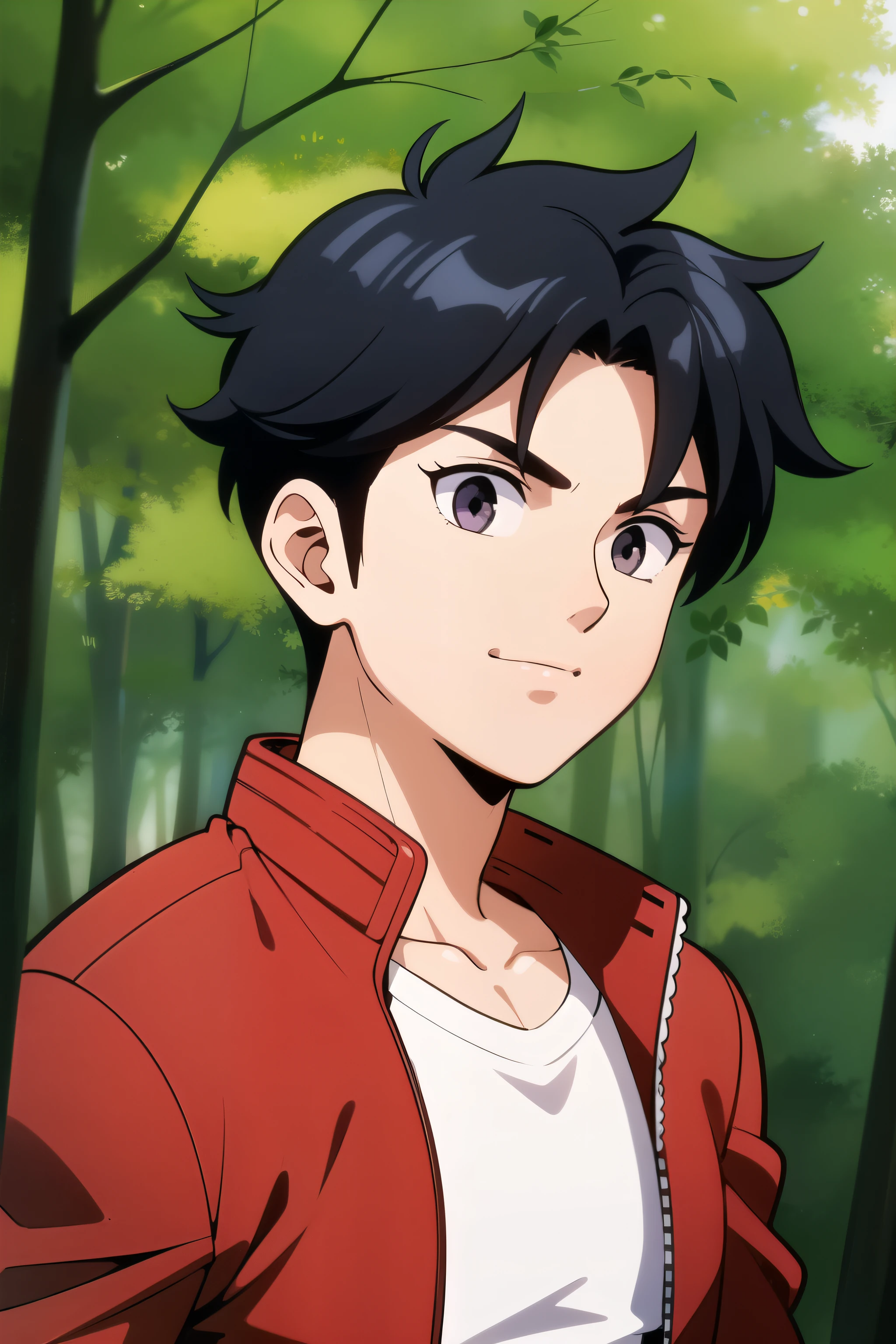 1boy, solo, portrait, young boy, black hair, short hair, silver eyes, healthy complexion, youthful smile, strong frame, red bomber jacket, white muscle shirt, upper body shot, staring straight ahead, front facing, forest background