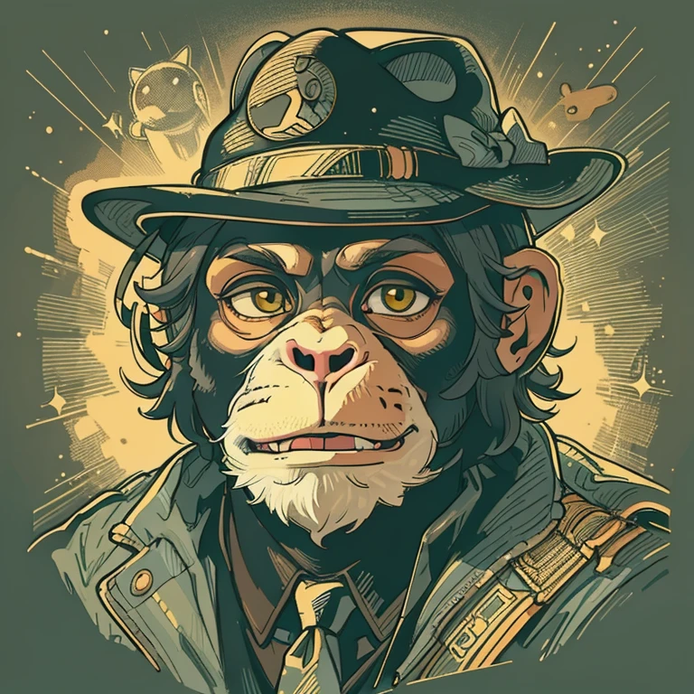 A closeup of a Cat wearing a hat and a suit, inspirado em Alex Petruk APe, Portrait of the chimpanzee in space, Assunto= cat, cat wearing a suit and tie, Winston, o Macaco de Overwatch, Directed by: Alex Petruk APe, macaco entediado nft, humanoid cat fantasy race, estilo de arte vetorial, in illustration style digital