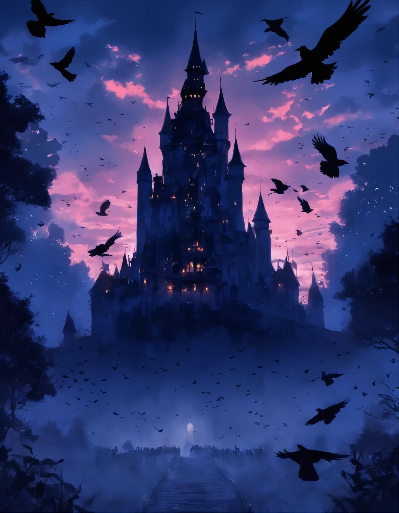 a black and white photo of a castle surrounded by crows, a matte painting by Auseklis Ozols, tumblr, gothic art, ominous gothic aesthetic, gothic atmosphere, dark fantasy setting, fantasy dark art, dark fantasy mixed with realism, gothic horror vibes, dark and gothic, gothic background, dark fantasy. intricate, gothic fantasy art, dark fantasy art